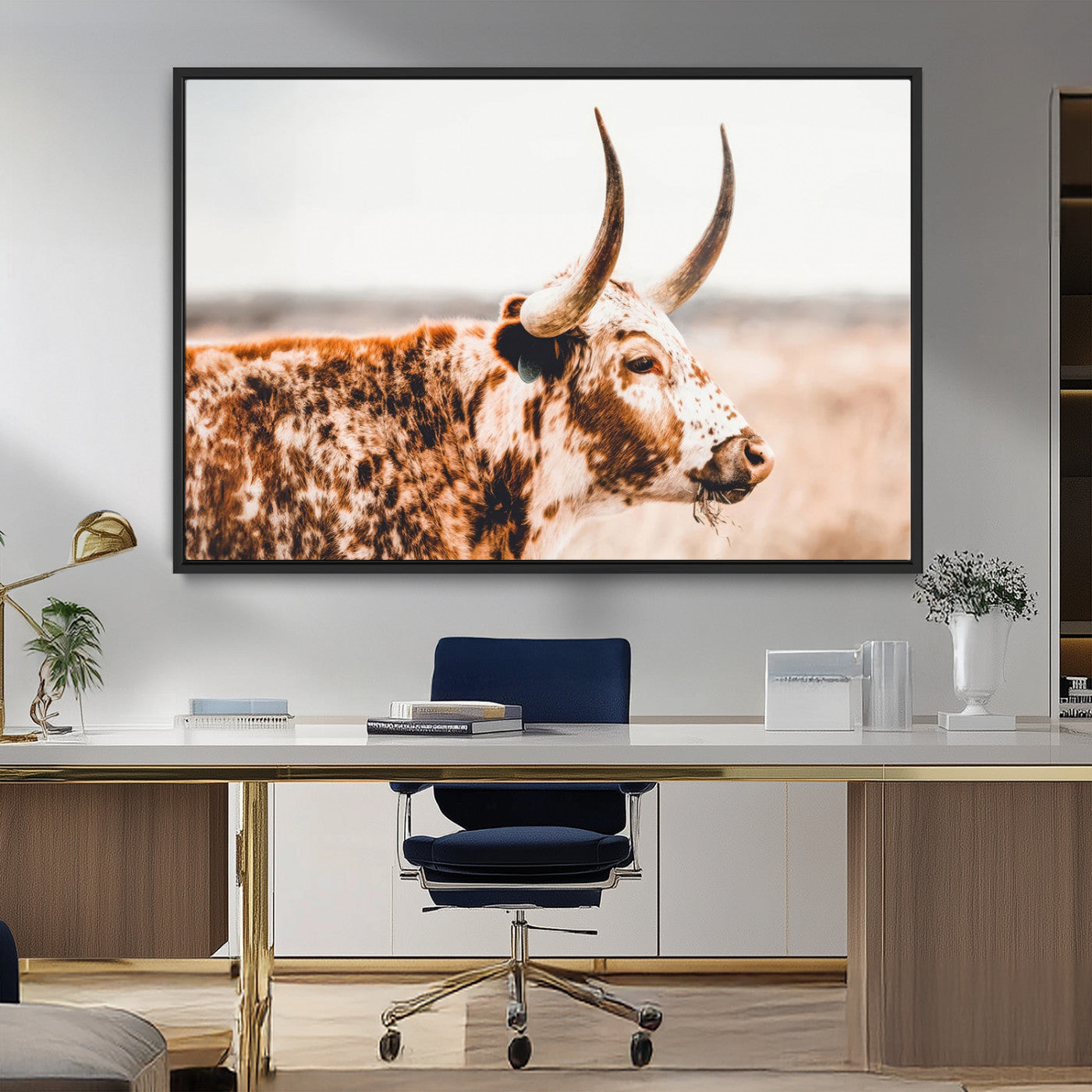 50356-MGV-FC-36X24_Black-Speckled Bull Wall Art Canvas Print – Rustic Cow Longhorn Farmhouse Animal Decor – Western Longhorn