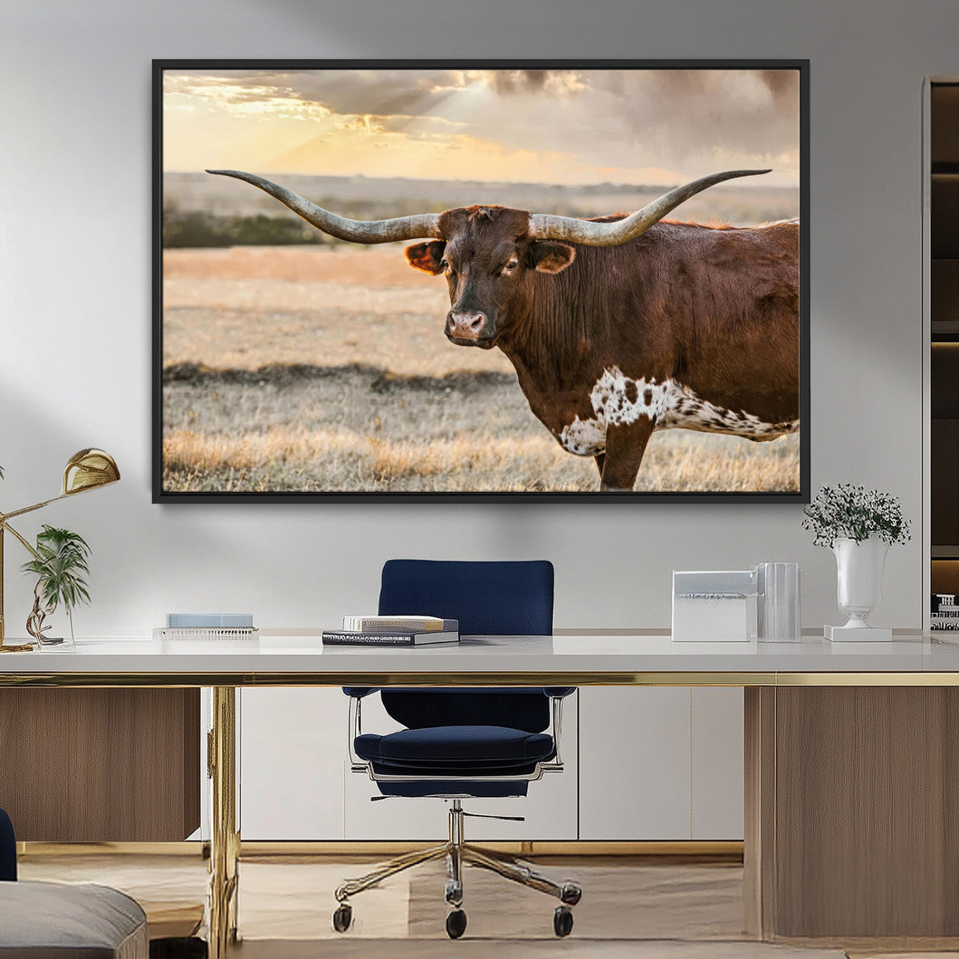 MGV-FC-36X24 - Texas Longhorn Wall Art Canvas Print, Rustic Ranch Decor, Majestic Western Longhorn Cattle