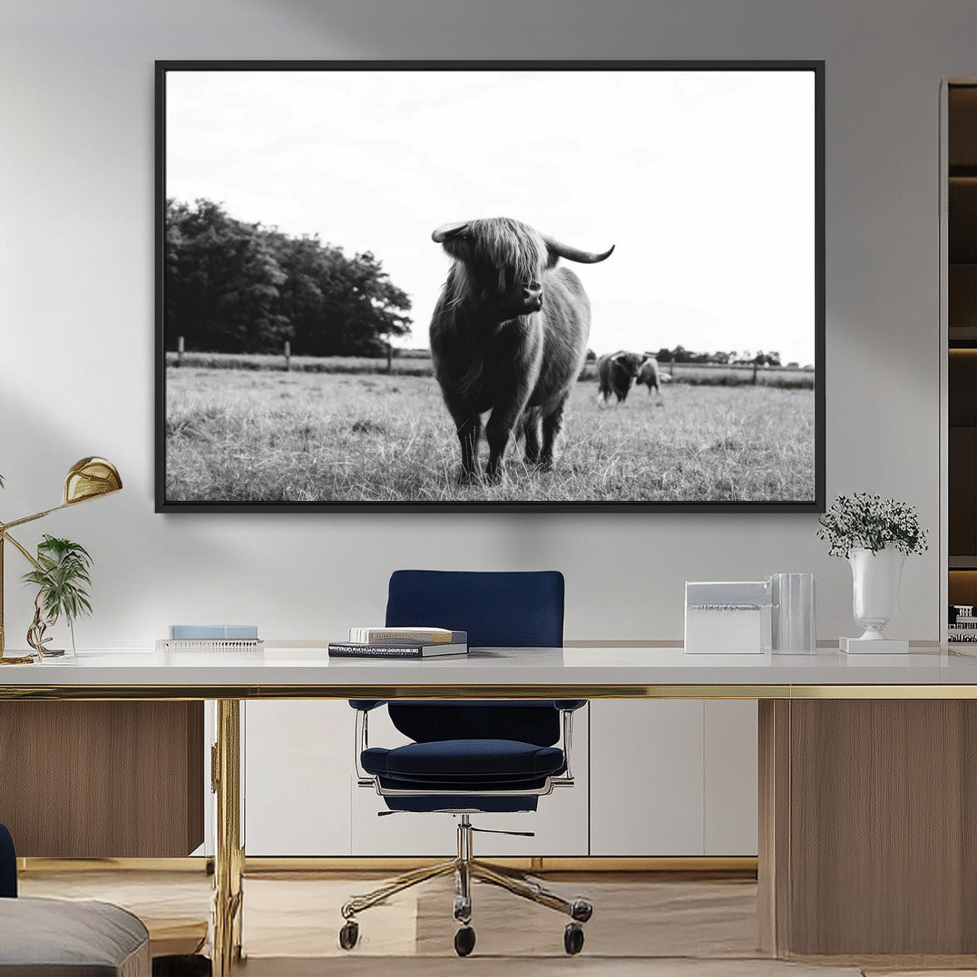 MGV-FC-36X24 - Black and White Highland Cow Wall Art Canvas Print | Rustic Western Decor for Living Room or Office,