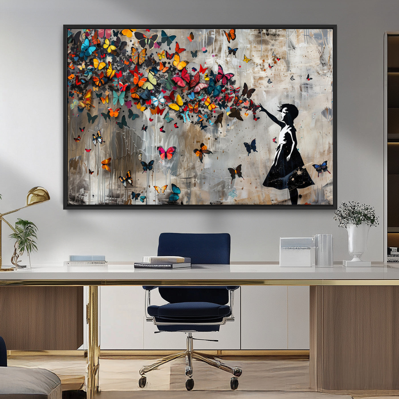 MGV-FC-36X24 - Banksy Wall Art - Banksy Girl and Butterfly Explosion Wall Art Canvas Print | Girl with Butterflies