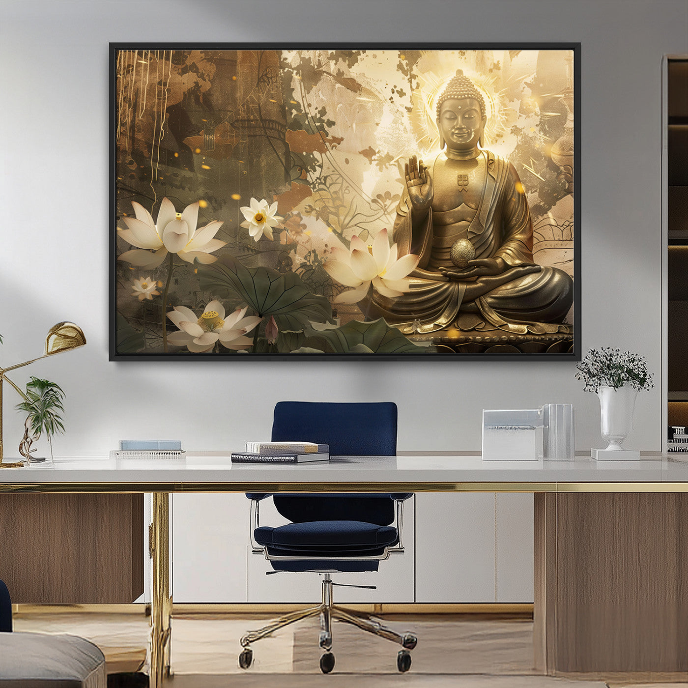 MGV-FC-36X24 - Zen Buddha Wall Art Canvas Print | Peaceful Meditation Decor with Lotus Flowers | Spiritual Serenity