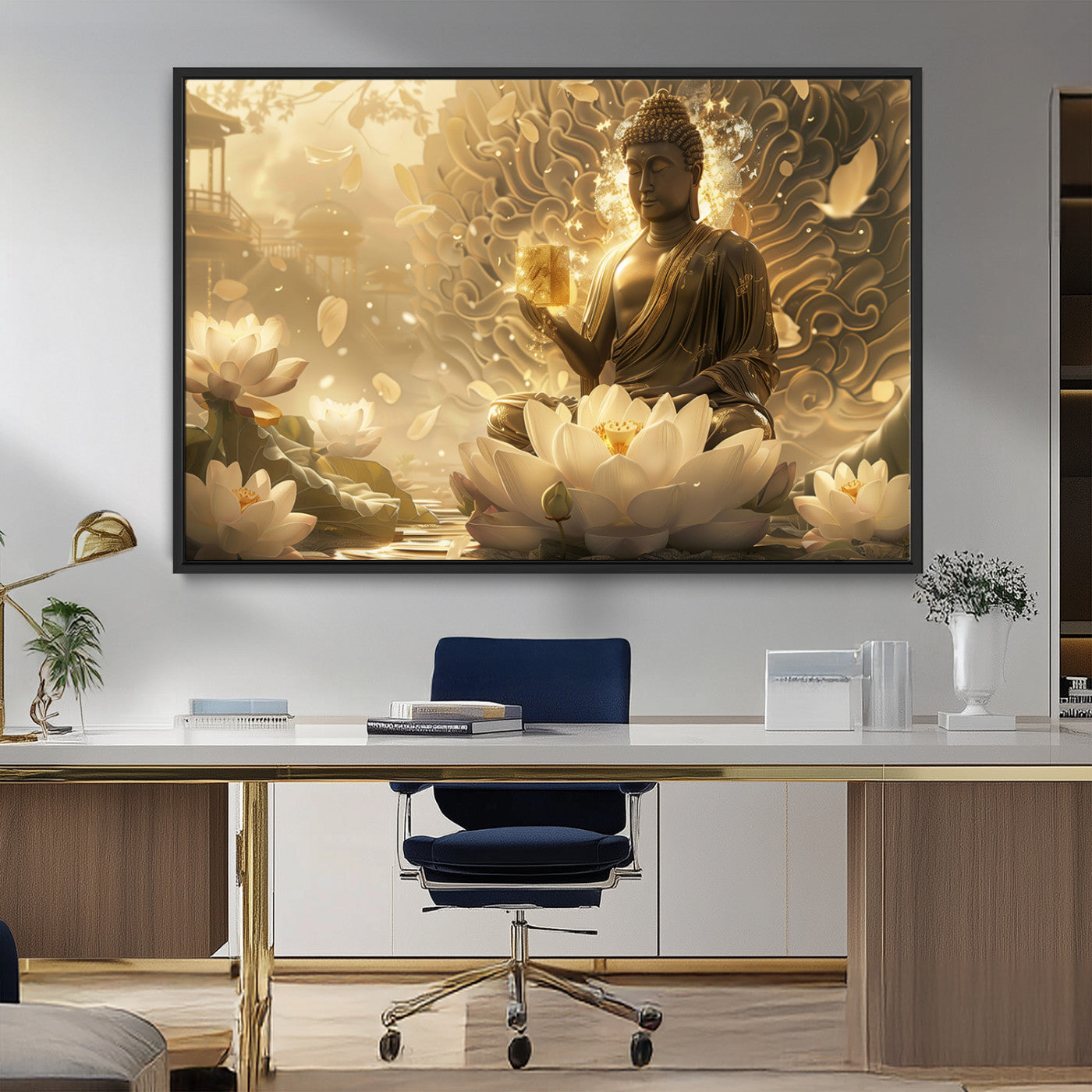MGV-FC-36X24 - Golden Buddha Wall Art | Yoga Room Decor and Meditation Room Wall Art | Framed and Ready to Hang