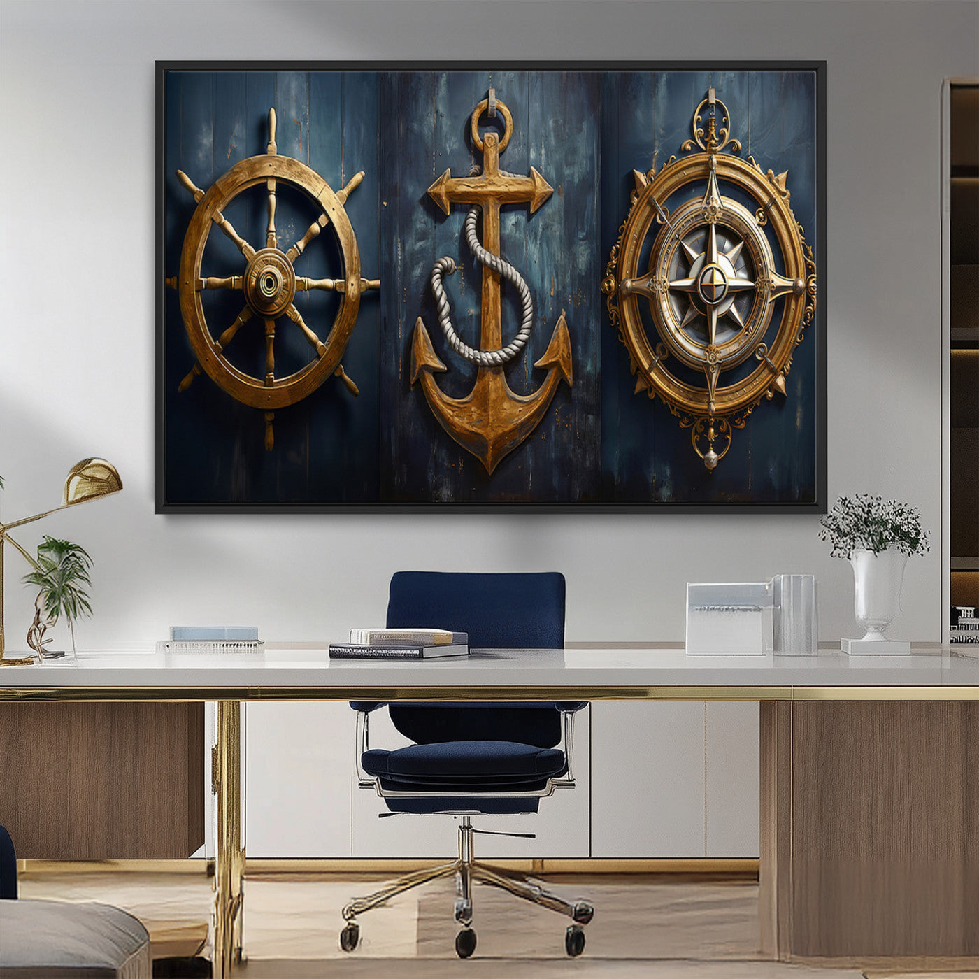 MGV-FC-36X24 - Boat Anchor Compass With Rope Wall Art Canvas Print | Beach House Wall Art
