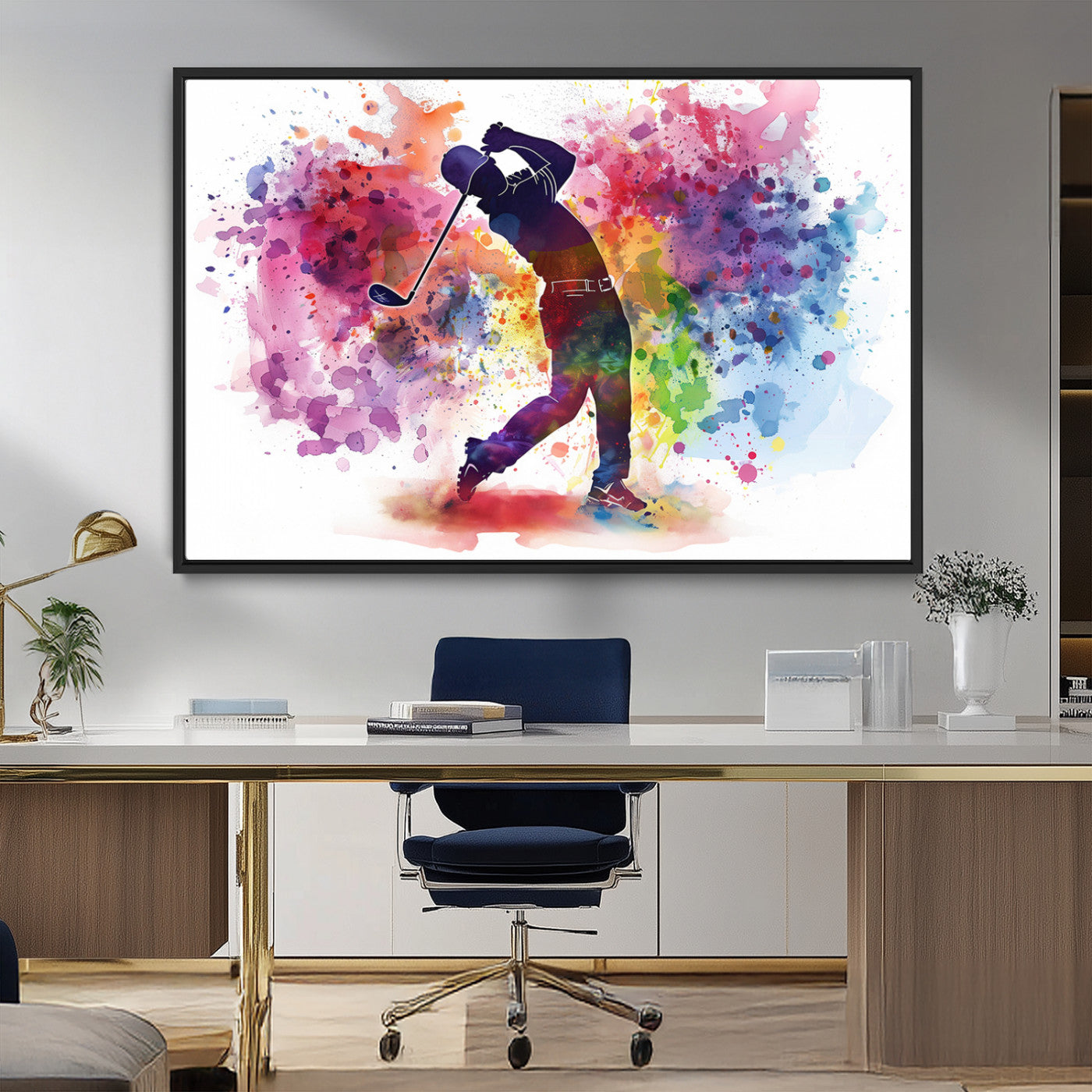 MGV-FC-36X24 - Colorful Golfer Swing Wall Art Canvas Print - Ready to Hang, Framed Sports Decor