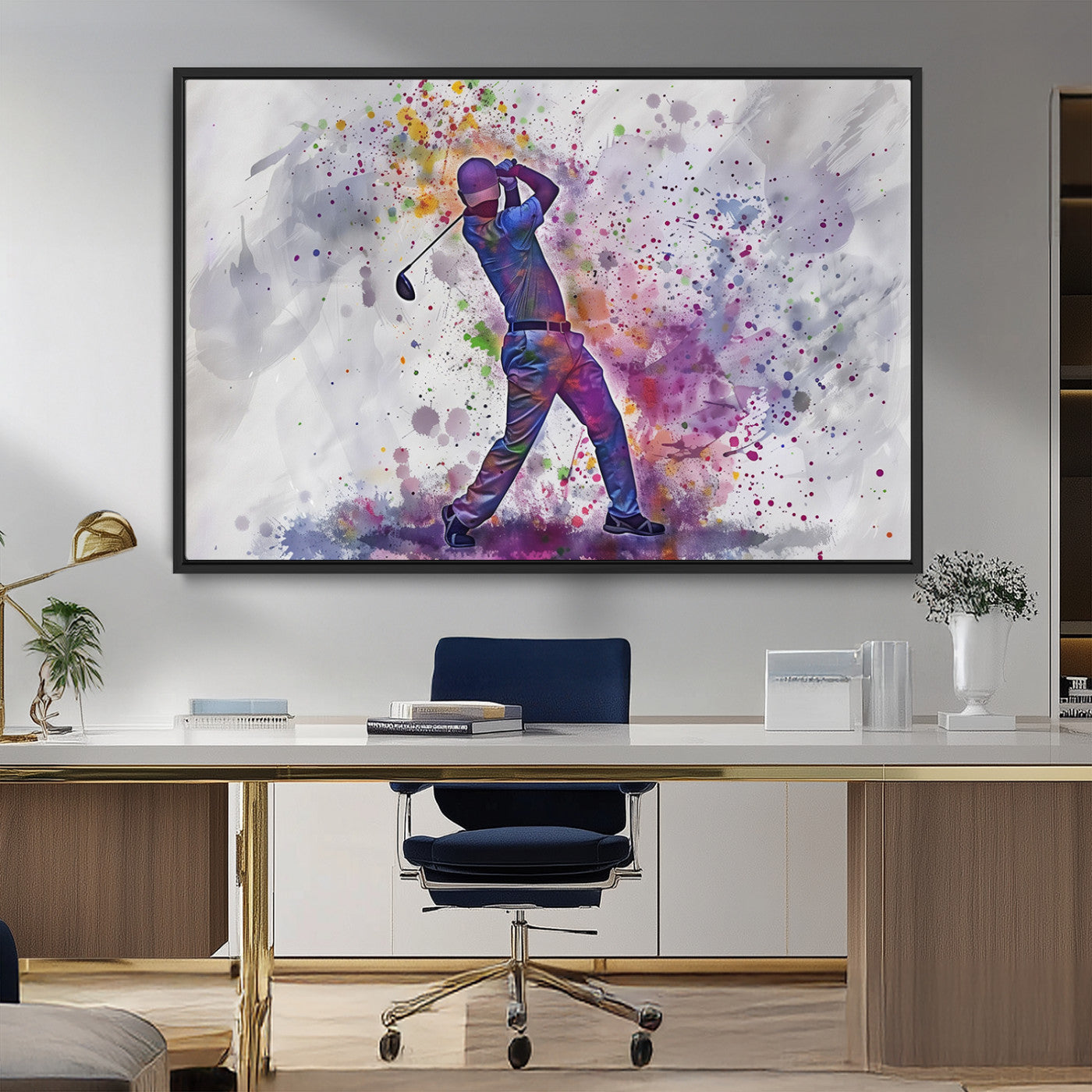 MGV-FC-36X24 - Watercolor Golf Swing Wall Art Canvas Print | Vibrant Abstract Golf Player Silhouette |