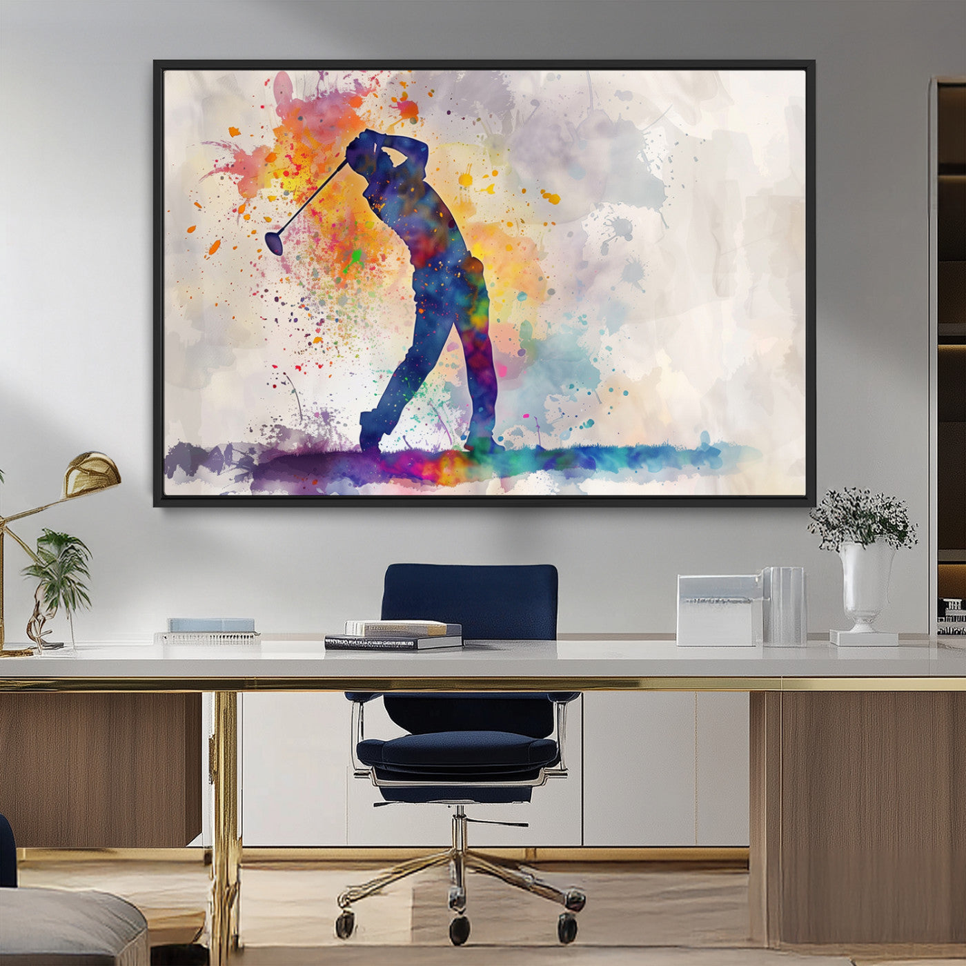 MGV-FC-36X24 - Watercolor Golf Swing Wall Art Canvas Print | Vibrant Abstract Golf Player Silhouette |