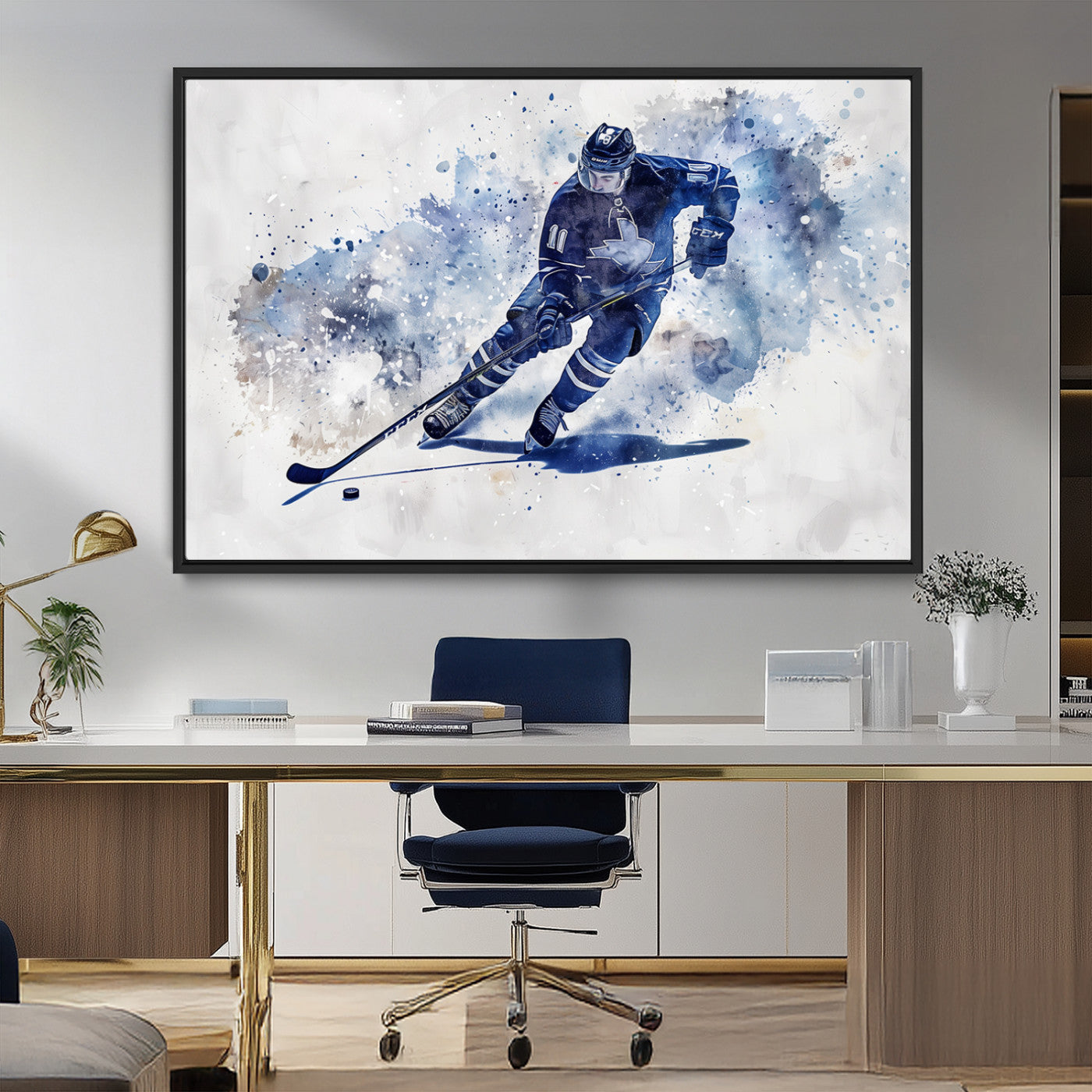 MGV-FC-36X24 - Hockey Player Wall Art Canvas Print - Sports-Inspired Watercolor Decor - Ready to Hang