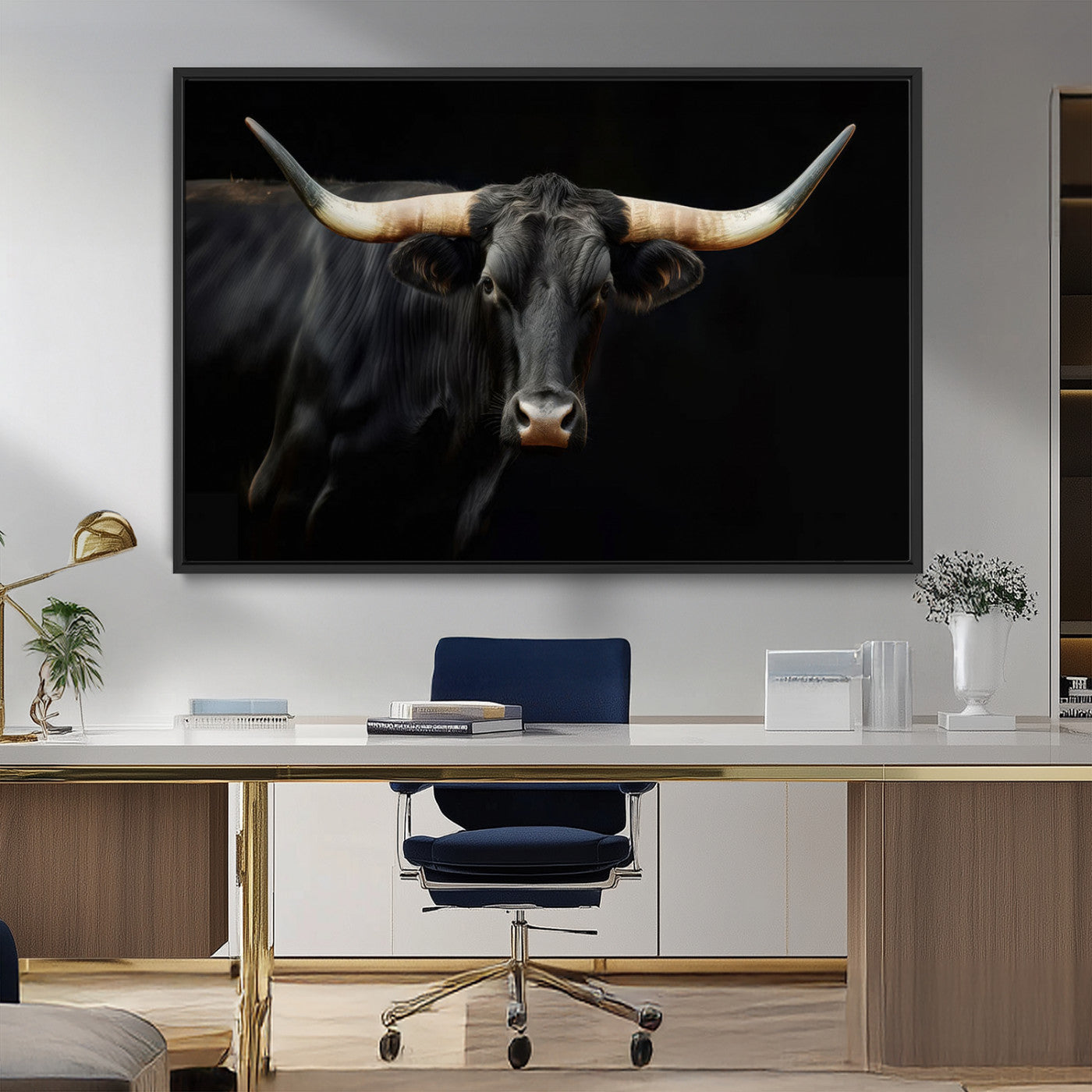 MGV-FC-36X24 - Texas Longhorn Cow | Majestic Black Bull Wall Art Canvas Print - Farmhouse Animal Decor - Ready to