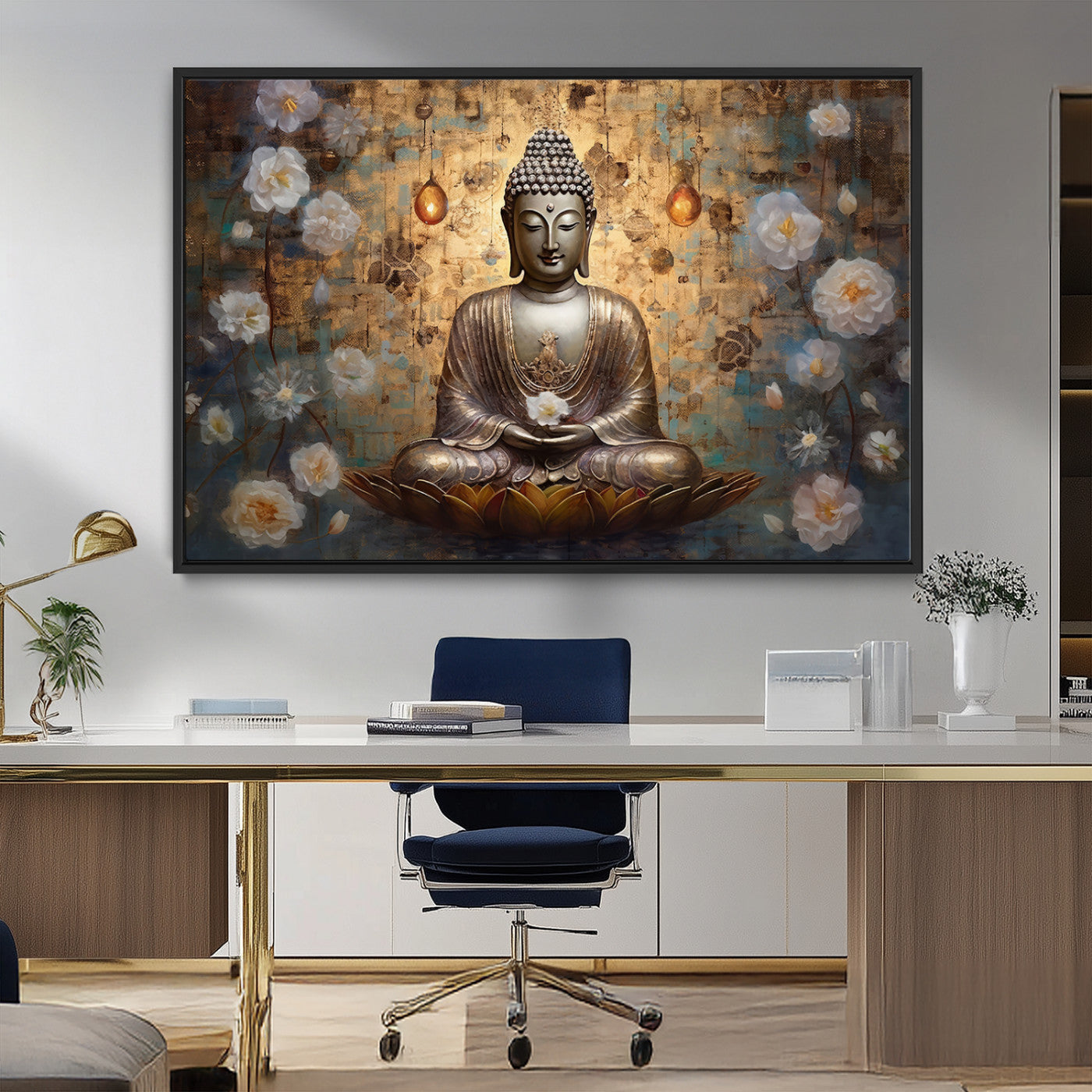MGV-FC-36X24 - Golden Buddha Wall Art Canvas Print | Zen Meditation Floral Decor | Tranquil Spiritual Home Art |