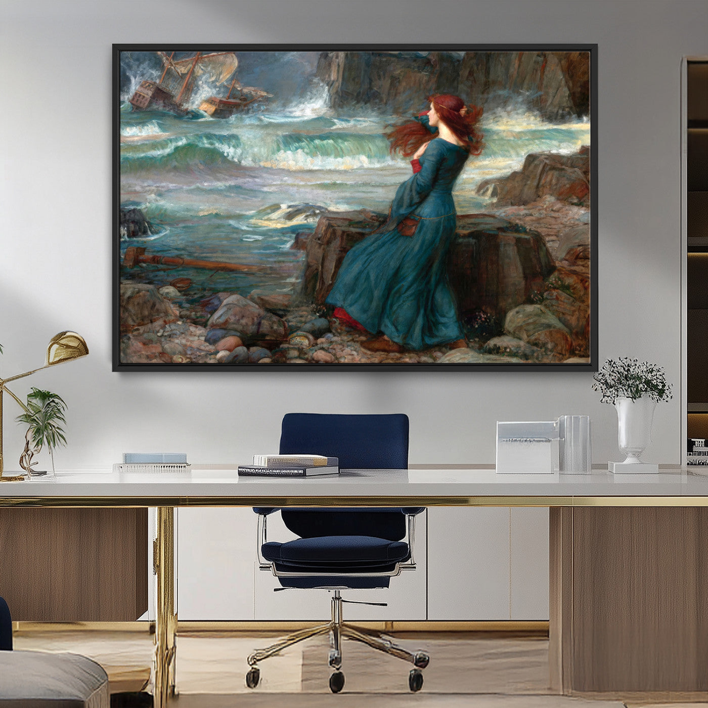 1-MGV-FC-36X24_Black-Miranda by the Shore Wall Art Canvas Print – Tempest Scene Ocean Storm – Ready to Hang
