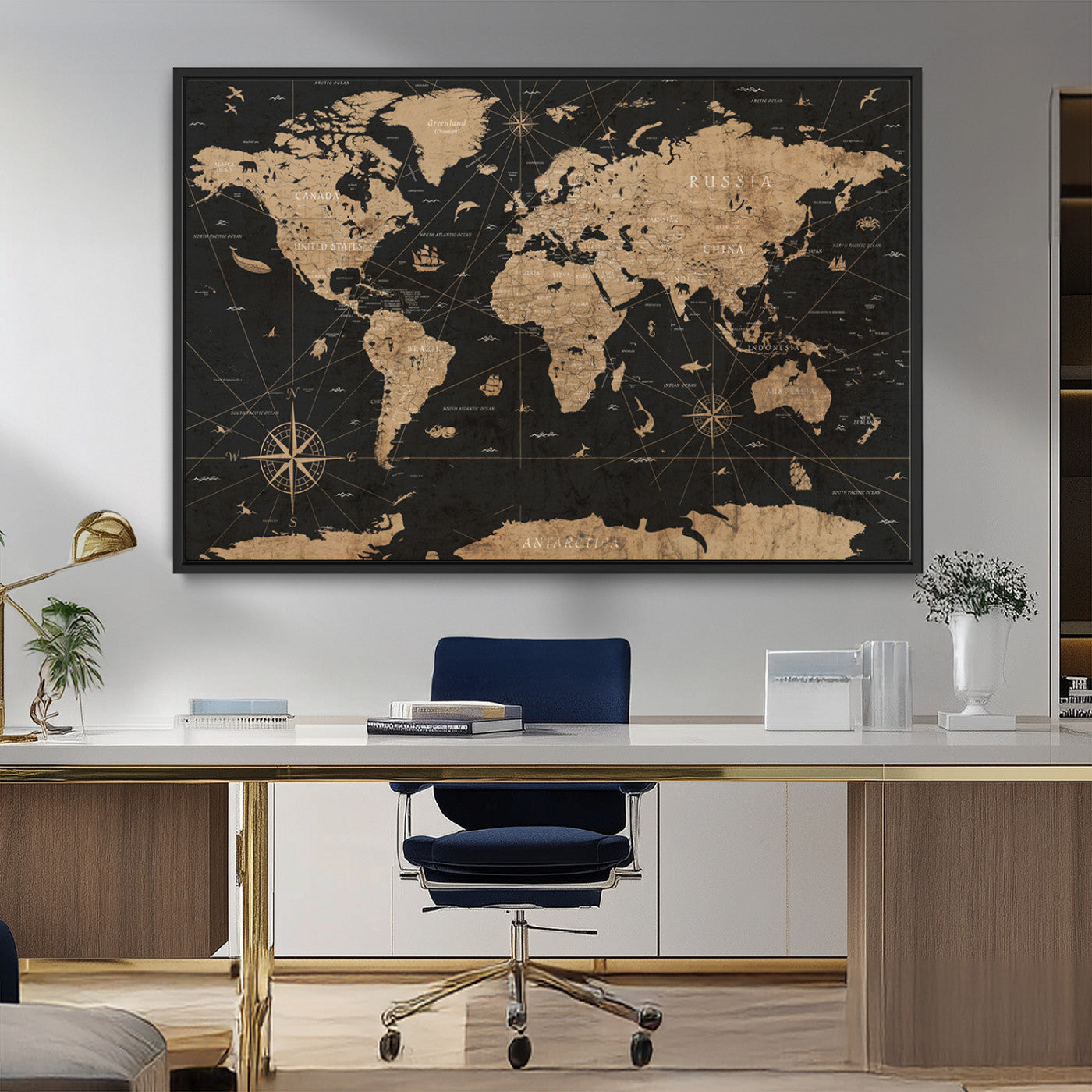 61023-MGV-FC-36X24_Black-World Map Canvas Print – Framed Wall Art for Home Decor