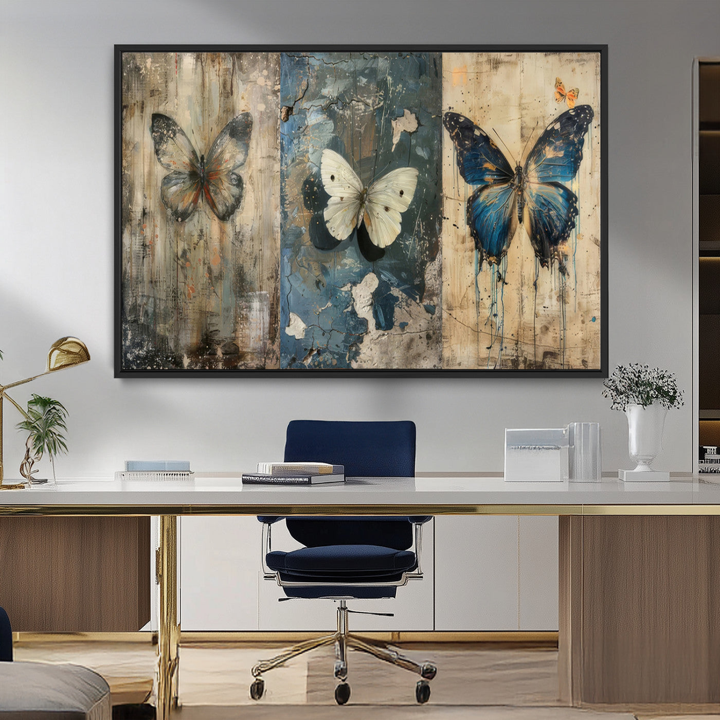 MGV-FC-36X24 - Butterfly Wall Art Trio | Vintage Butterfly Canvas Print | Ready to Hang Framed Artwork for