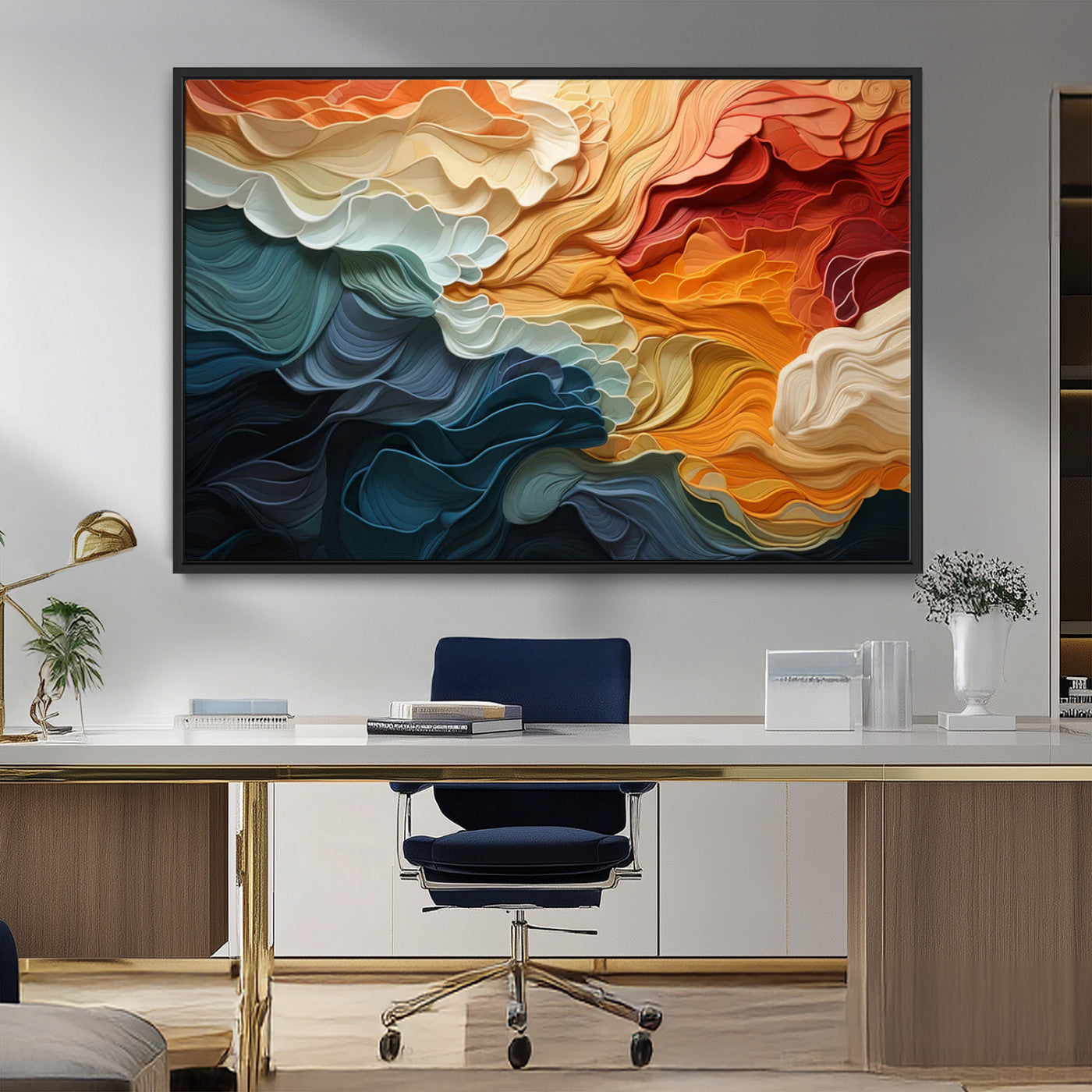 MGV-FC-36X24 - Blue Orange Abstract Wave Wall Art Canvas Print, Framed Blue Orange Wave Wall Art