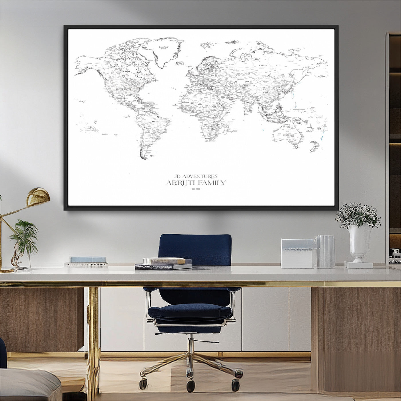 MGV-FC-36X24 - Custom World Map Wall Art – Personalized Framed Canvas Print with Push Pins for Travel Tracking,