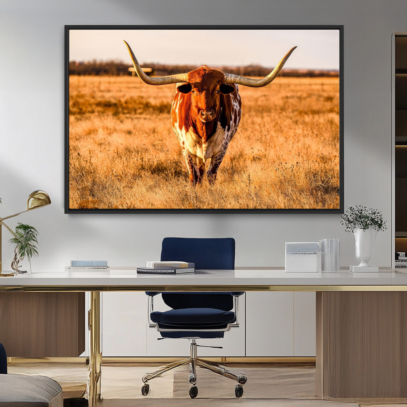MGV-FC-36X24 - Longhorn Cow Wall Art | Ready to Hang Framed Canvas Print for Farmhouse and Barn Decor