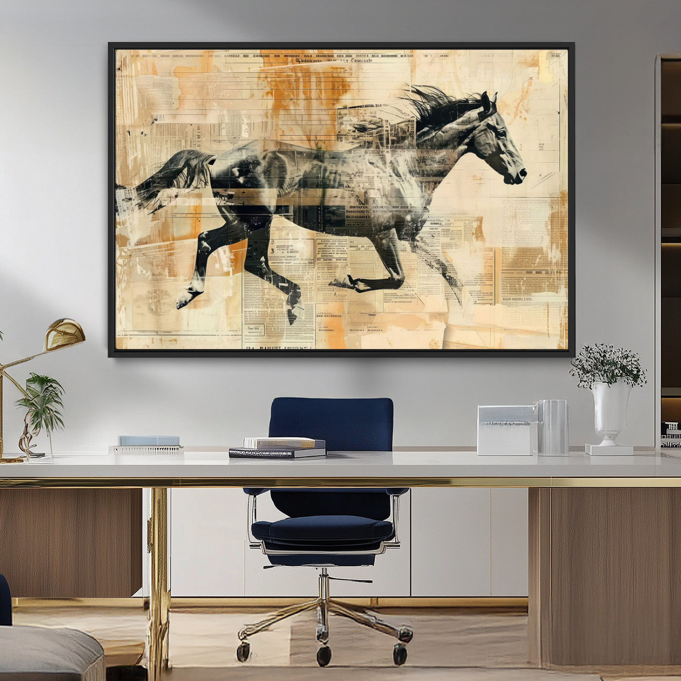 MGV-FC-36X24 - Chines Style Running Horse Western Wall Art | Farmhouse Wall Decor | Ready to Hang Framed Canvas