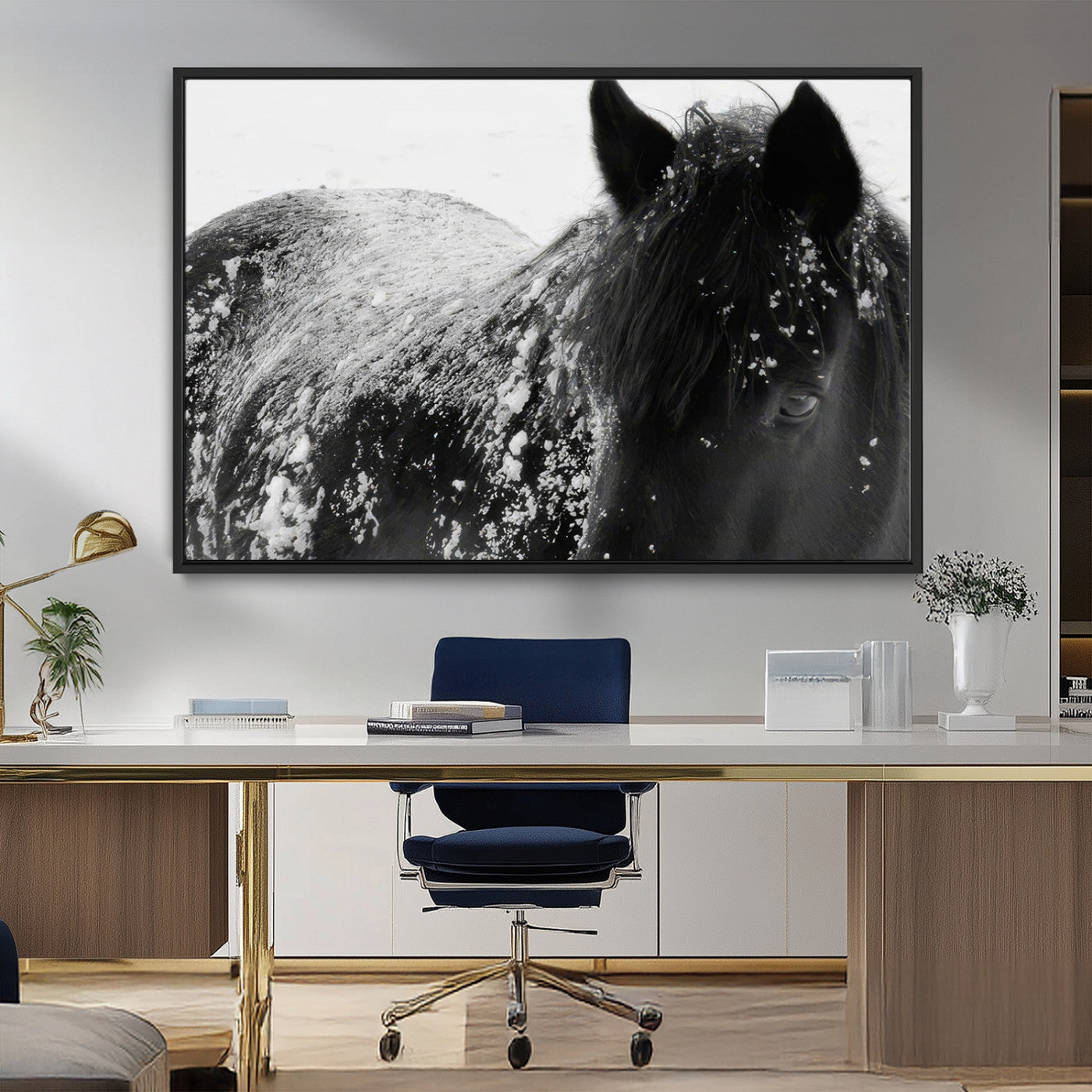 MGV-FC-36X24 - Black Horse in Snow Canvas Print | Winter Horse Wall Art | Ready to Hang and Framed | Farmhouse Wall