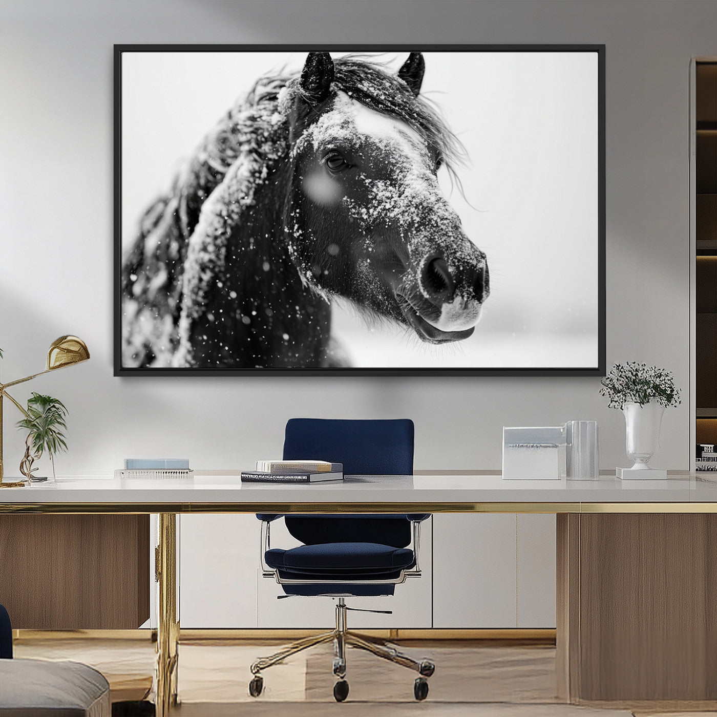 MGV-FC-36X24 - Winter Horse Canvas Print | Large 3-Panel Black White Equine Photography for Rustic Farmhouse Wall