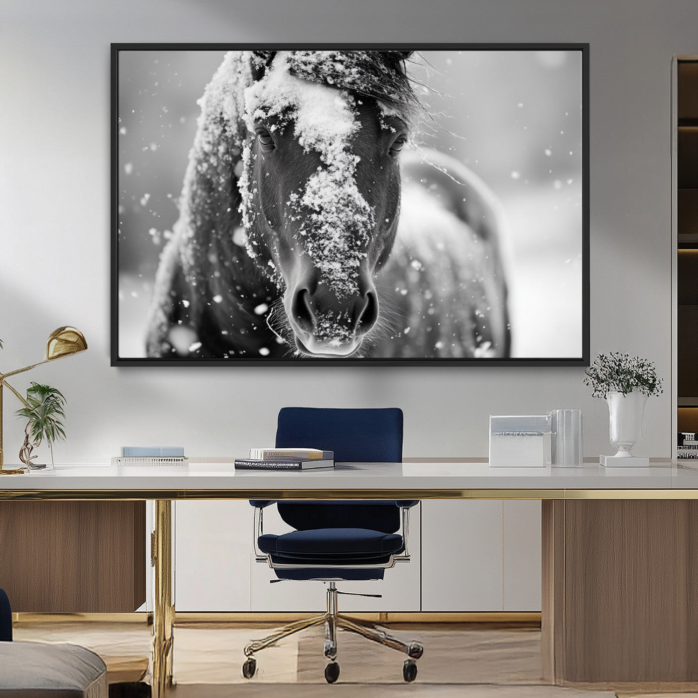 MGV-FC-36X24 - Black and White Horse Winter Wall Art | Ready to Hang and Framed | Farmhouse Wall Decor | Western