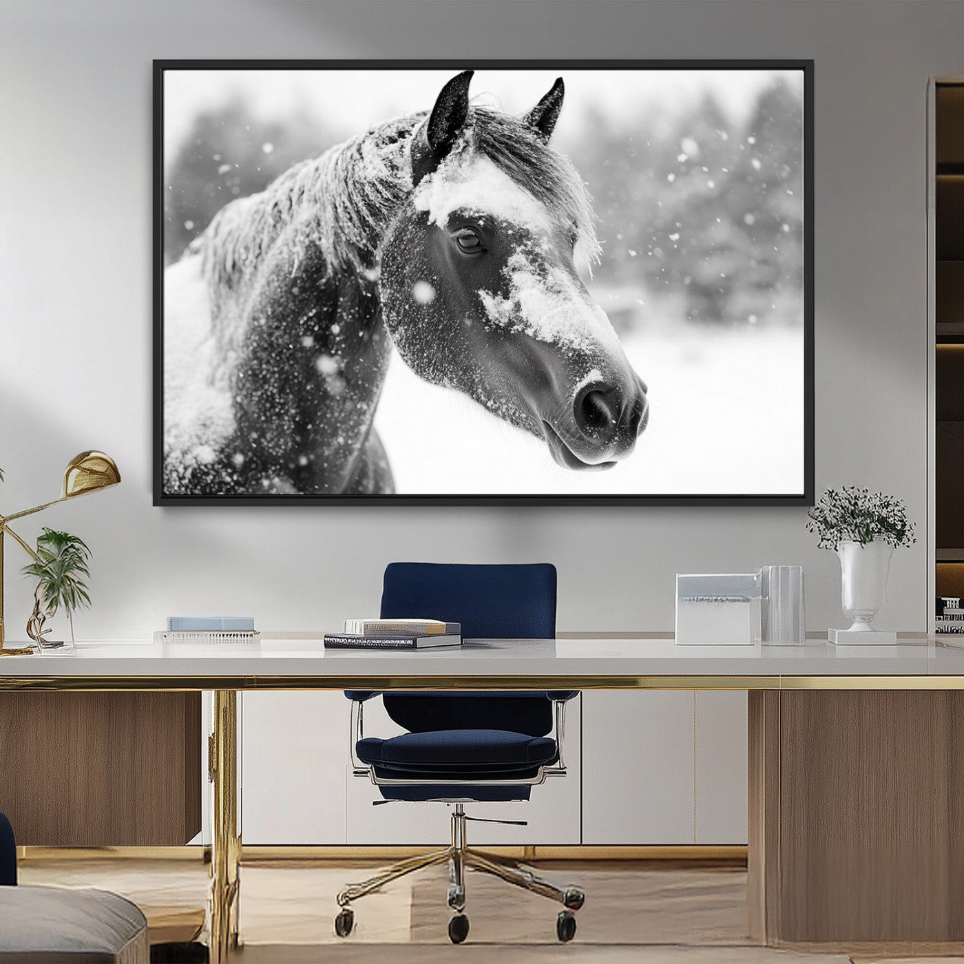 MGV-FC-36X24 - Black Horse Winter Wall Art | Ready to Hang and Framed | Farmhouse and Western Wall Decor for Living