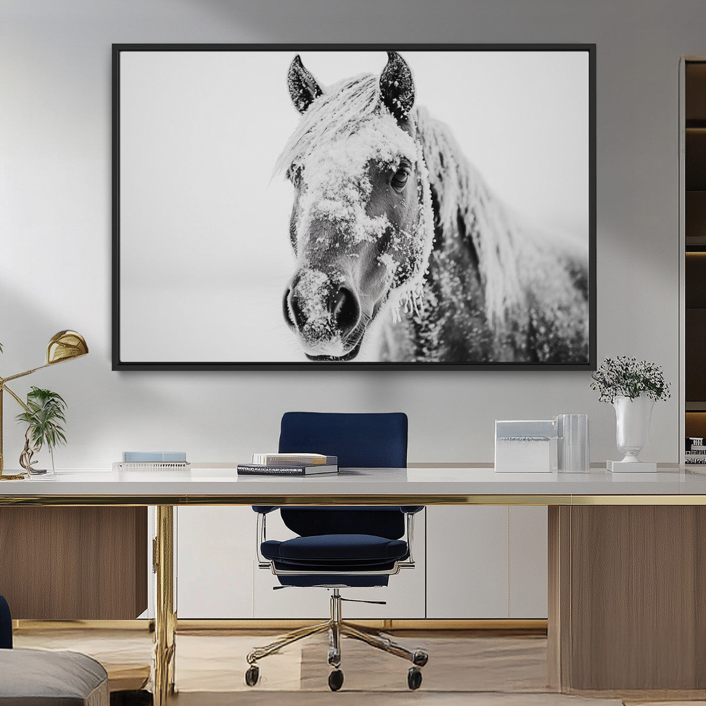 MGV-FC-36X24 - White Horse Wall Art | Ready to Hang and Framed | Winter Horse Wall Art Print for Farmhouse and