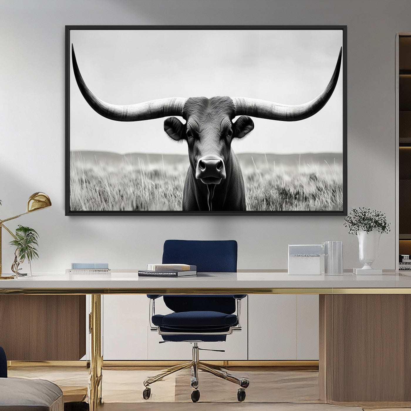 73780-MGV-FC-36X24_Black-Longhorn Bull Canvas Print | Rustic Farmhouse Wall Art | Western Decor | Ready to Hang and Framed