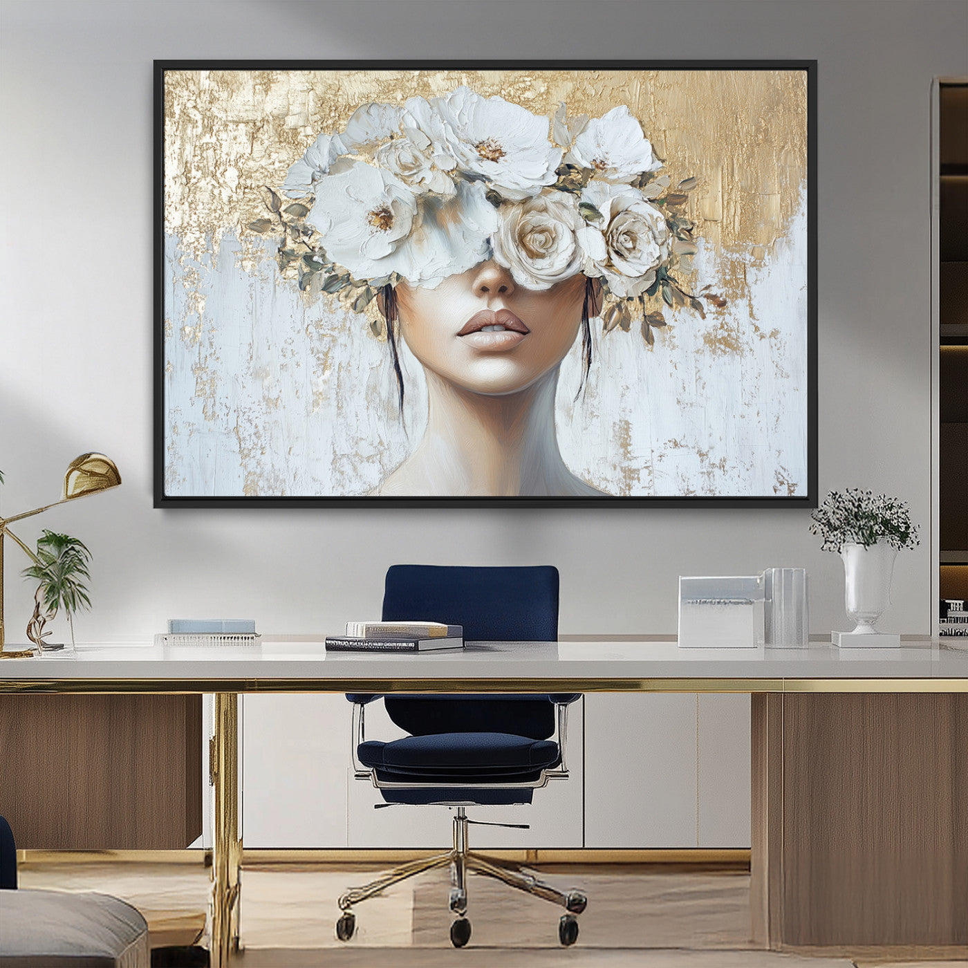 MGV-FC-36X24 - Golden Petal Wall Art - Canvas Print Flower Head Woman Painting Floral Woman Portrait Wall Decor,
