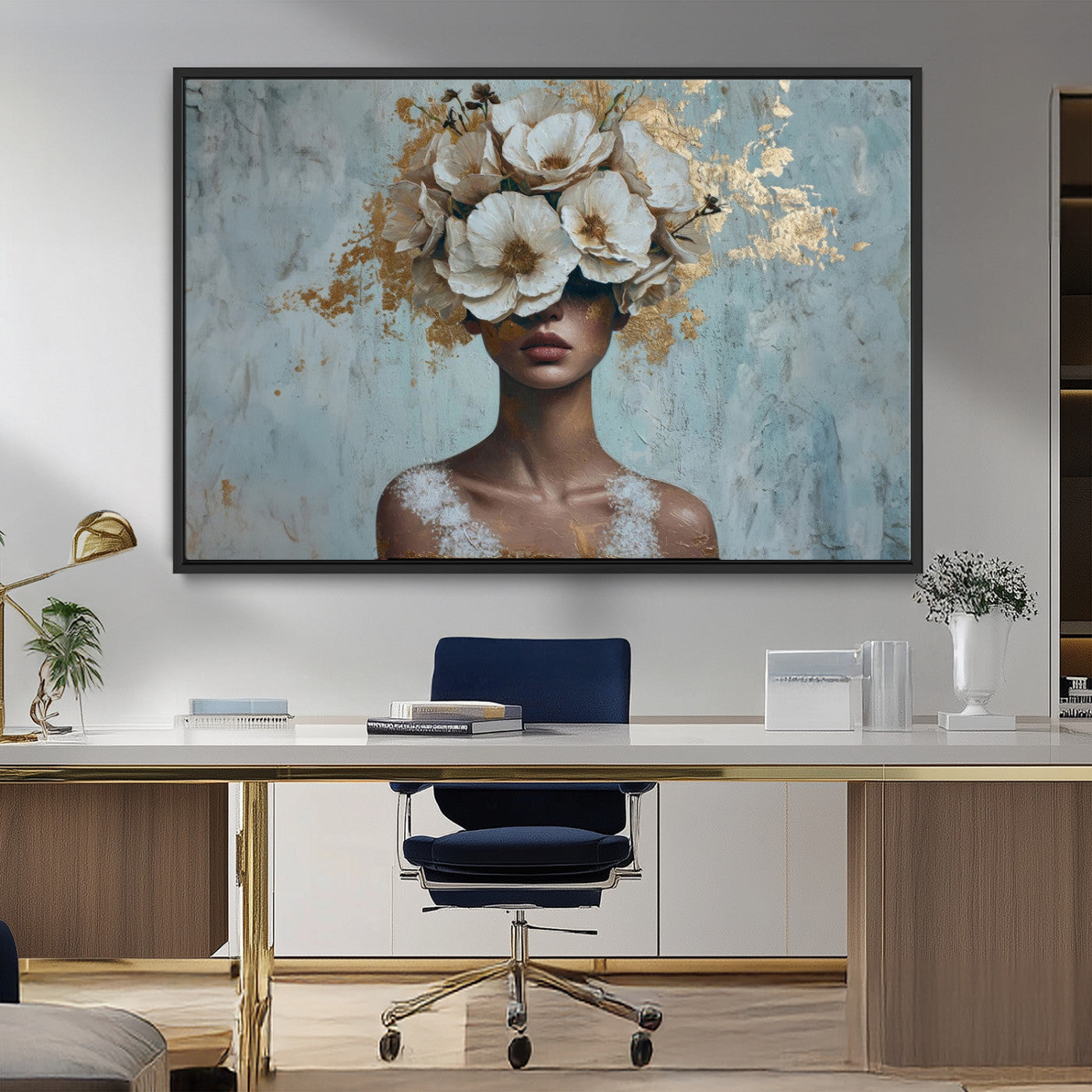 MGV-FC-36X24 - Golden Petal Wall Art - Petal Silhouette Woman Wall Art Canvas Print | Large 3-Panel Canvas with