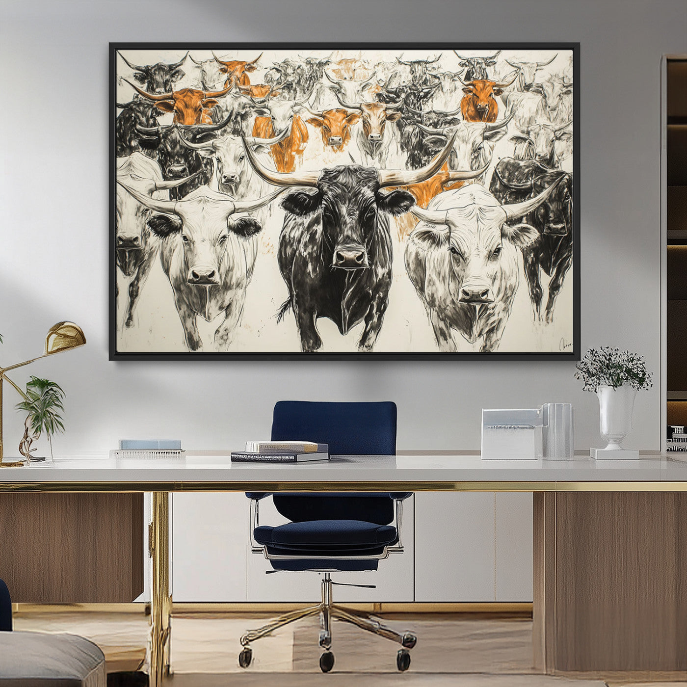 MGV-FC-36X24 - Texas Longhorn Wall Art - Herd Canvas Wall Art Print - Abstract Cow Drawing Wall Art Print for