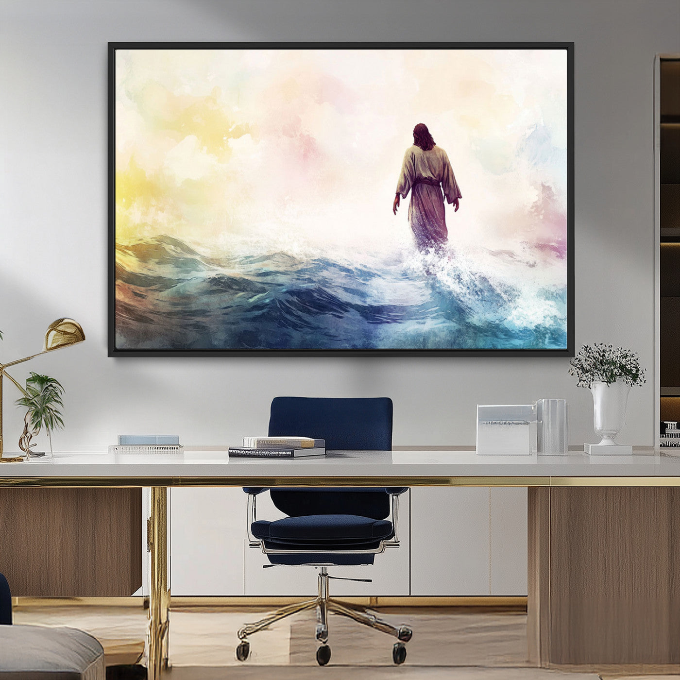 MGV-FC-36X24 - Watercolor Jesus Walking on Water Canvas Print, Christian Wall Art, Jesus Christ Walking
