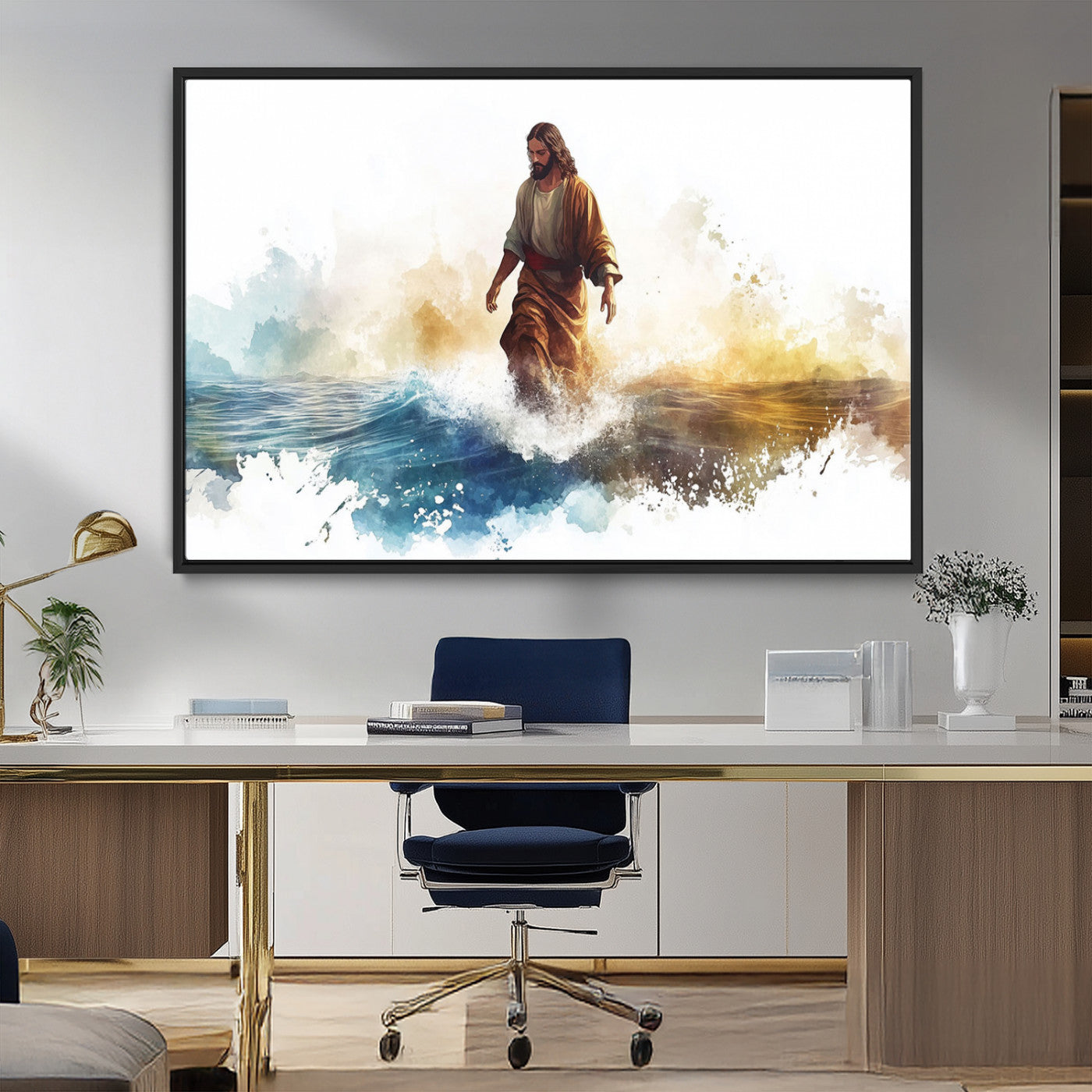 MGV-FC-36X24 - Watercolor Jesus Walking Wall Art Print, Jesus Water Canvas Print, Christian Wall Art, Jesus Christ