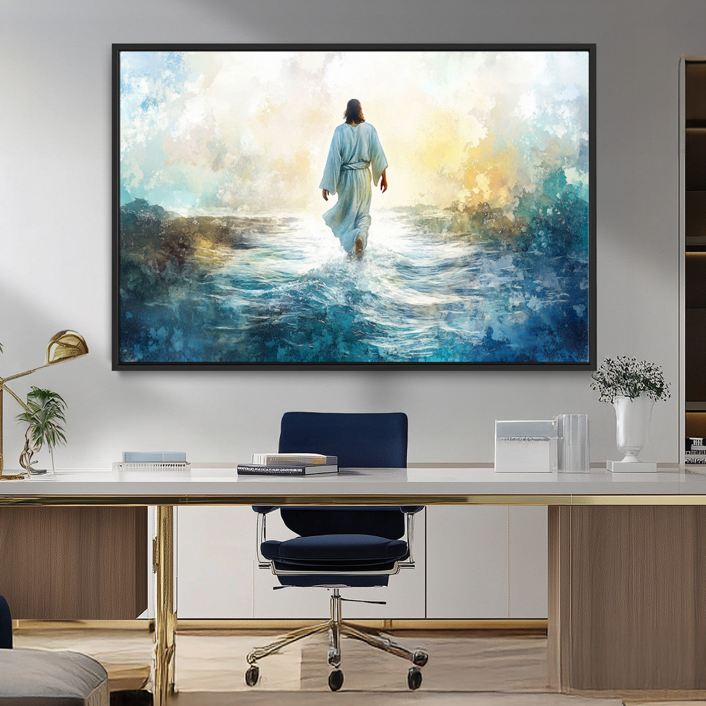 MGV-FC-36X24 - Watercolor Jesus Walking on Water Canvas Print, Christian Wall Art, Jesus Christ Walking