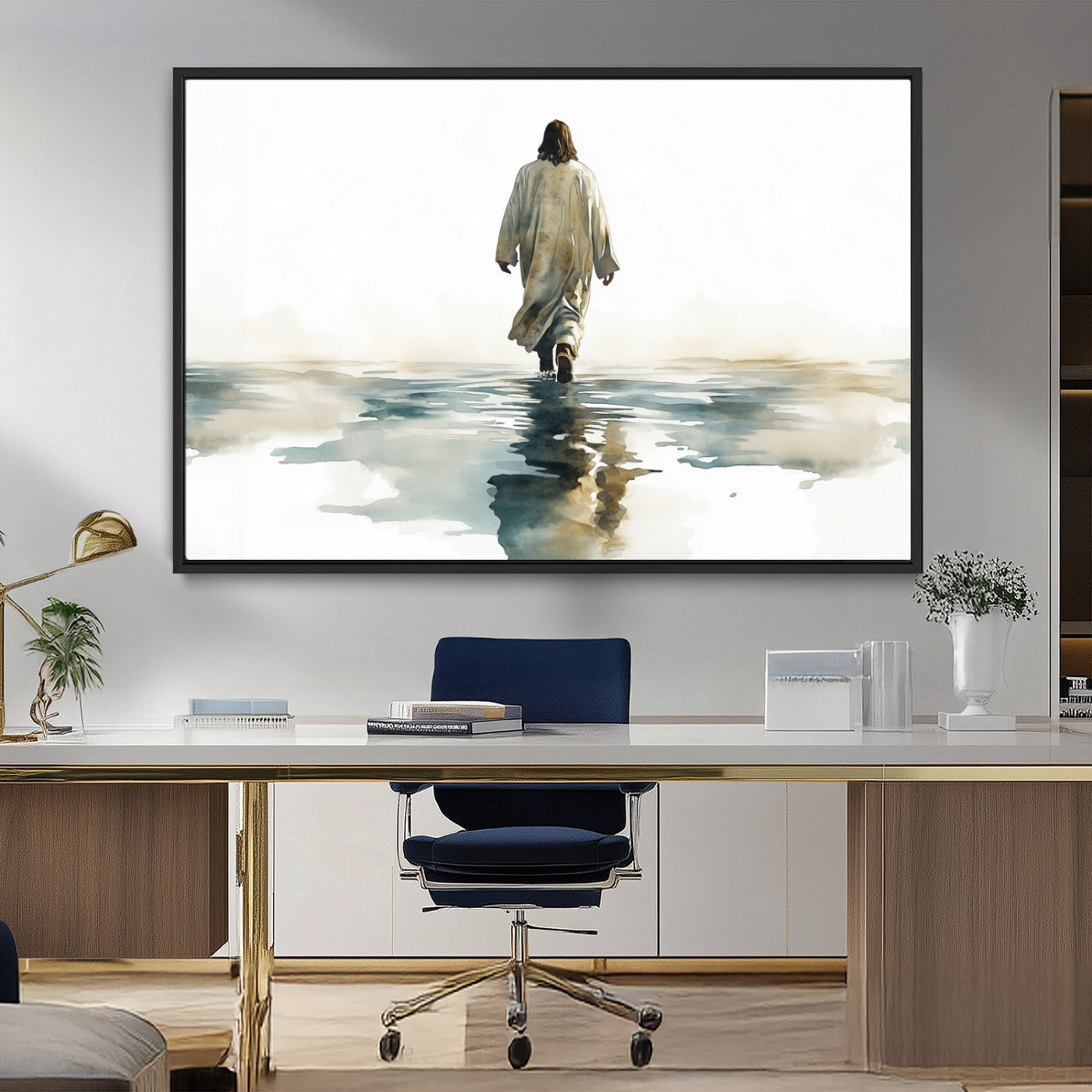 MGV-FC-36X24 - Watercolor Jesus Walking on Water Canvas Print, Christian Wall Art, Jesus Christ Walking