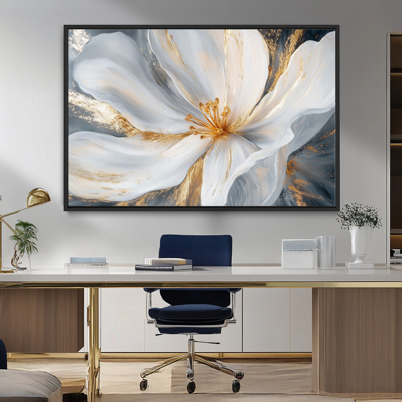 MGV-FC-36X24 - White and Gold Floral Canvas Wall Art - Framed and Ready to Hang - Perfect for Modern Living Rooms