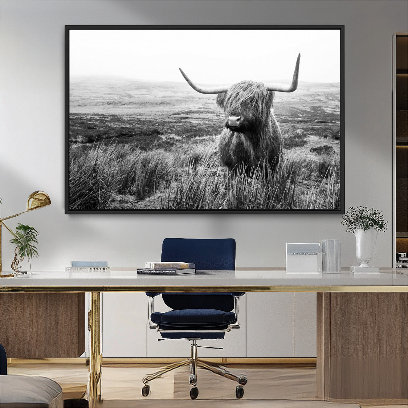 MGV-FC-36X24 - Scottish Highland Cow Wall Art | Black and White Canvas Print | Ready to Hang and Framed | Rustic