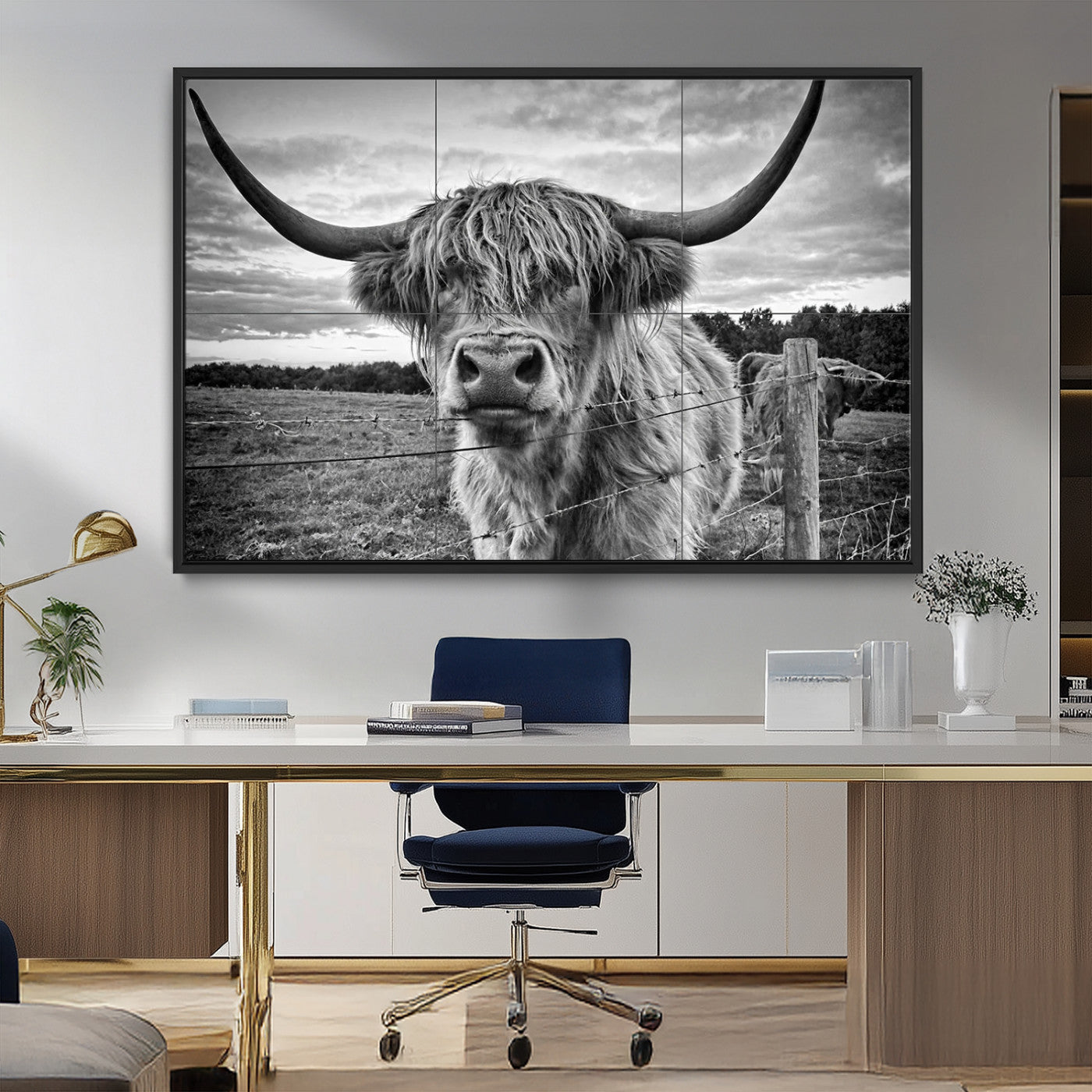 MGV-FC-36X24 - Scottish Highland Cow Wall Art Canvas Print | Ready to Hang and Framed | Rustic Farmhouse Decor