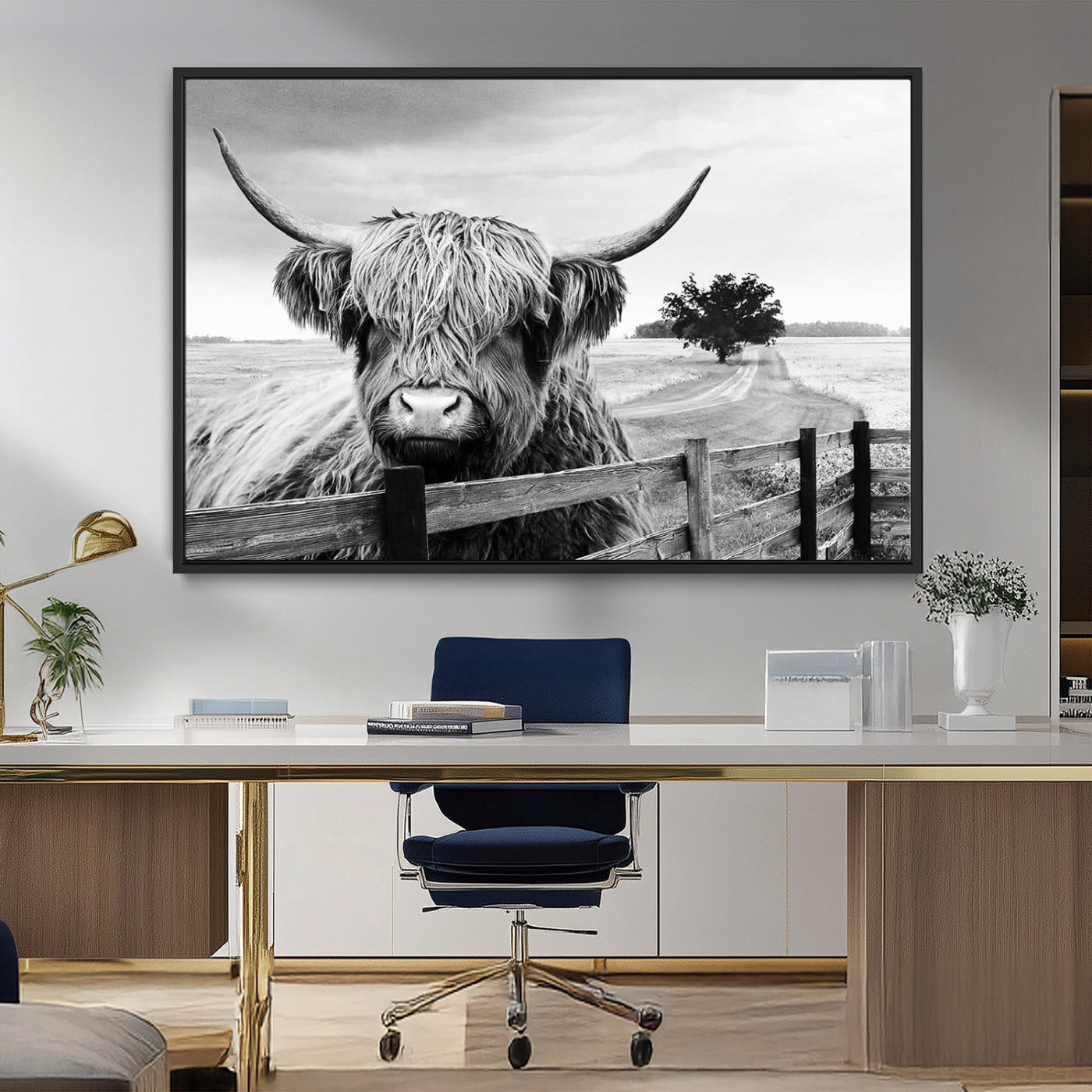 MGV-FC-36X24 - Scottish Highland Cow Wall Art | Rustic Farmhouse Décor | Black and White Ready to Hang Canvas Print
