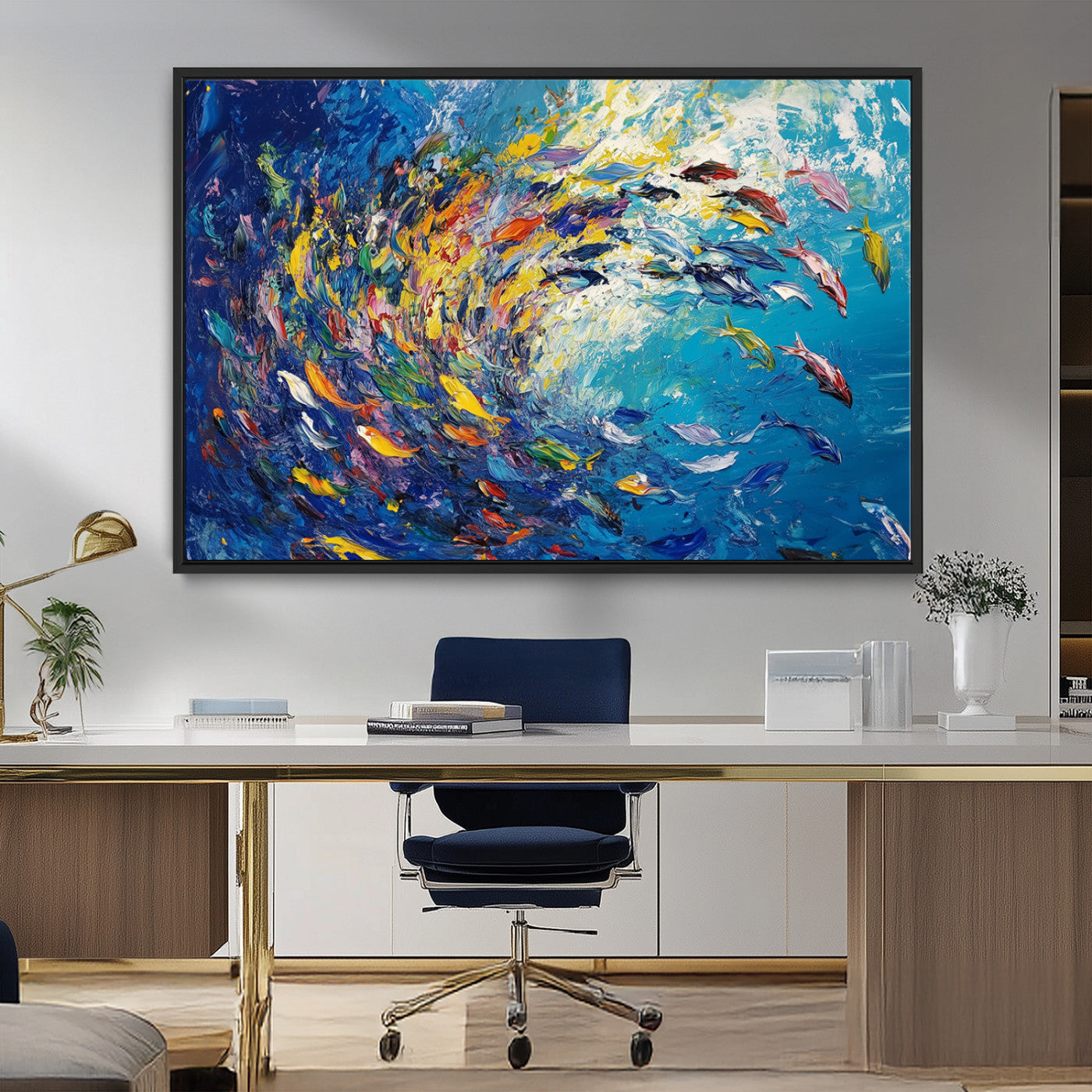 MGV-FC-36X24 - Colorful Swirling Fish School Wall Art Canvas Print | Oceanic Abstract Painting | Ready to Hang |