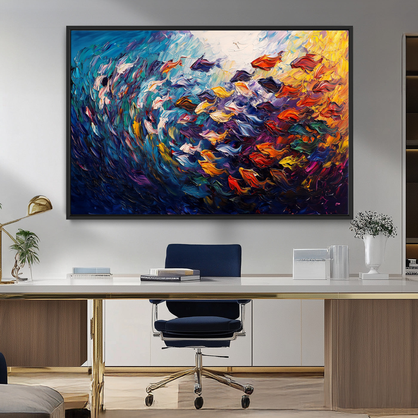 MGV-FC-36X24 - Vibrant Abstract Fish Swarm Art – Colorful Fish Inspired 3-Piece Canvas Wall Art for Living Room or