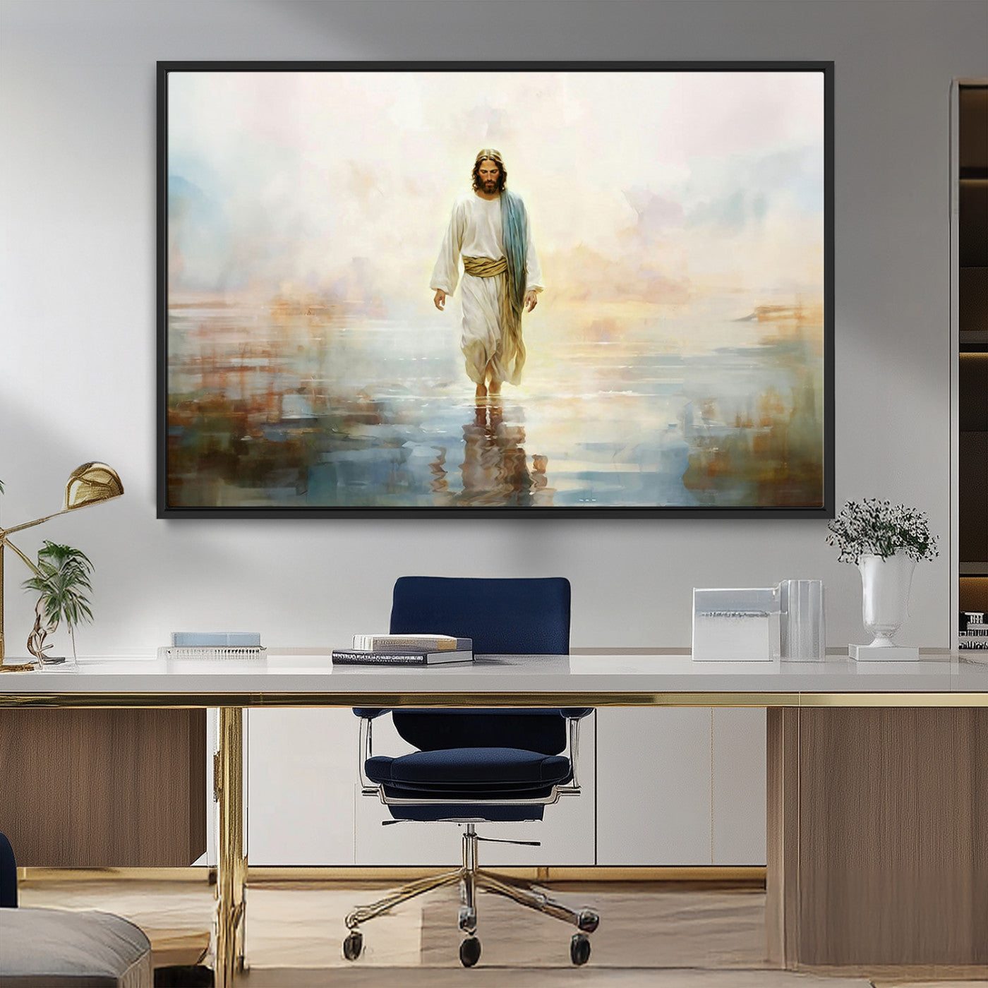 MGV-FC-36X24 - Framed Jesus Walking on Water Wall Art - 3-Panel Christian Canvas Prints, Religious Artwork for