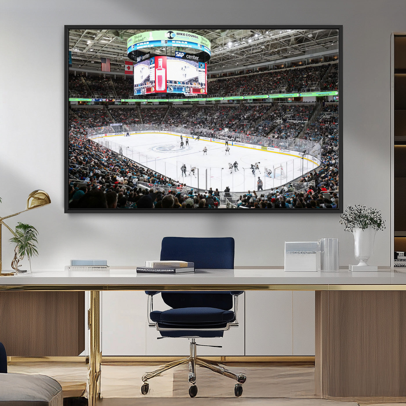 MGV-FC-36X24 - Sharks Arena Blackhawks Sharks Ice Hockey Stadium Wall Art Canvas Print, Framed Blackhawks Sharks