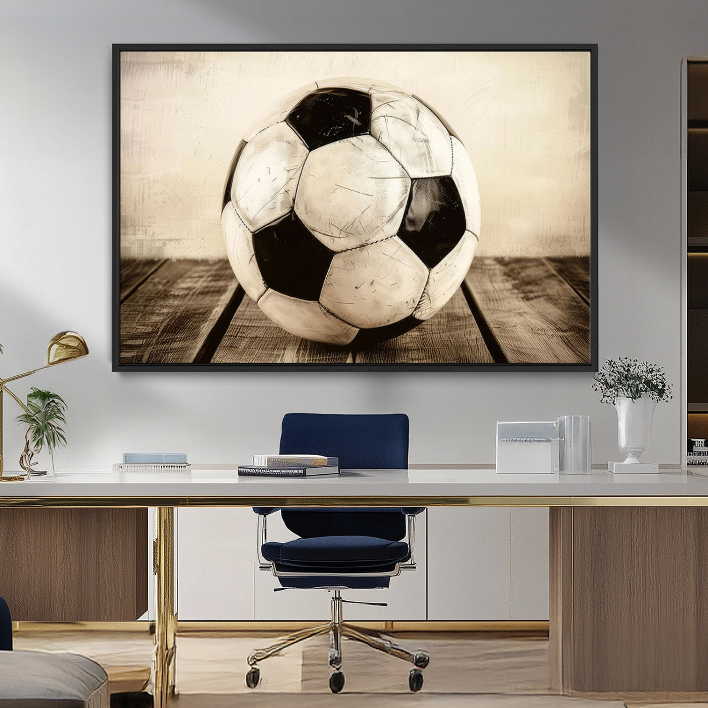 MGV-FC-36X24 - Vintage Soccer Ball Wall Decor Canvas Art – 3-Panel Soccer Wall Decor, Framed and Ready to Hang