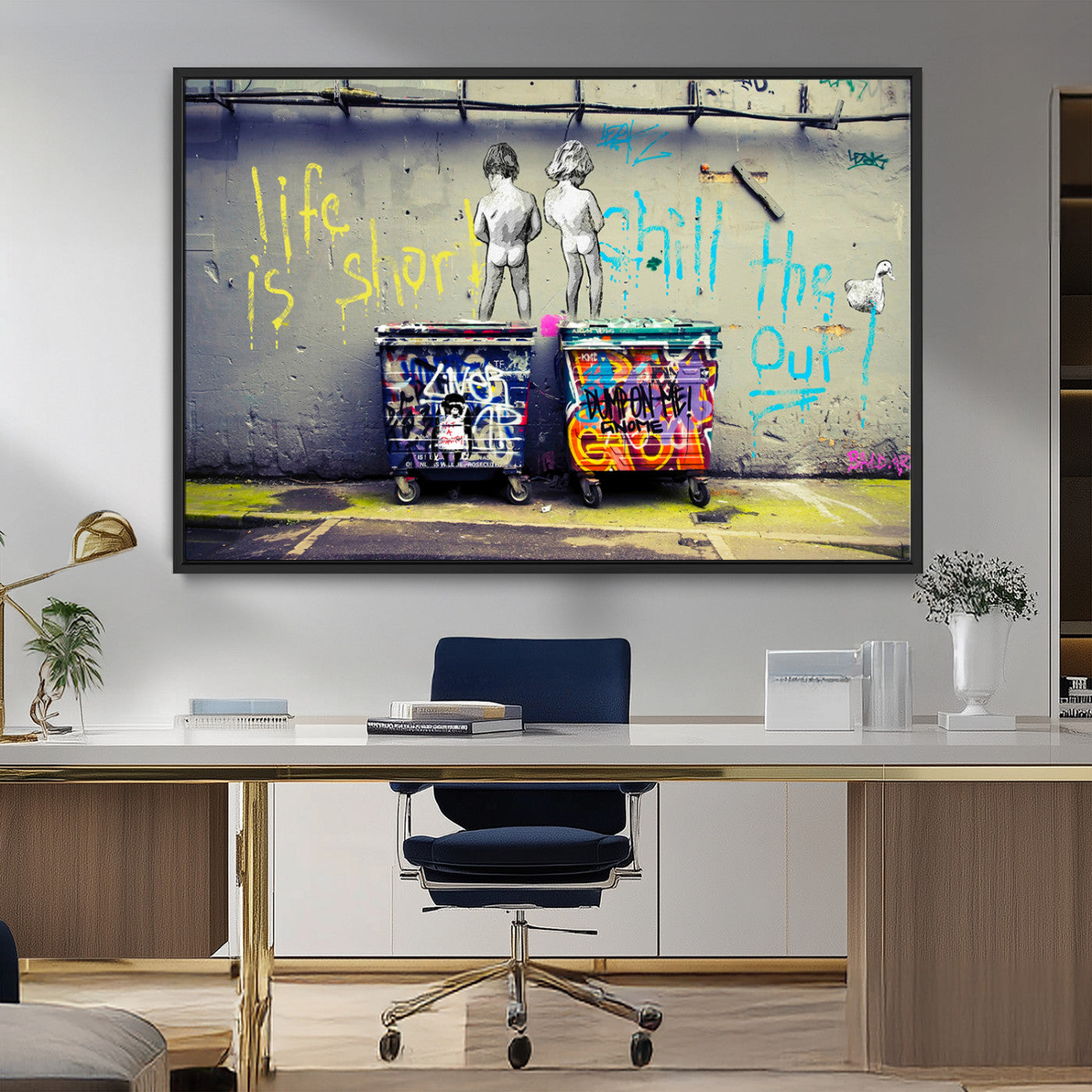 MGV-FC-36X24 - Banksy Life is Short Wall Art - Iconic Graffiti Art on Framed Ready-to-Hang Canvas - Street Art