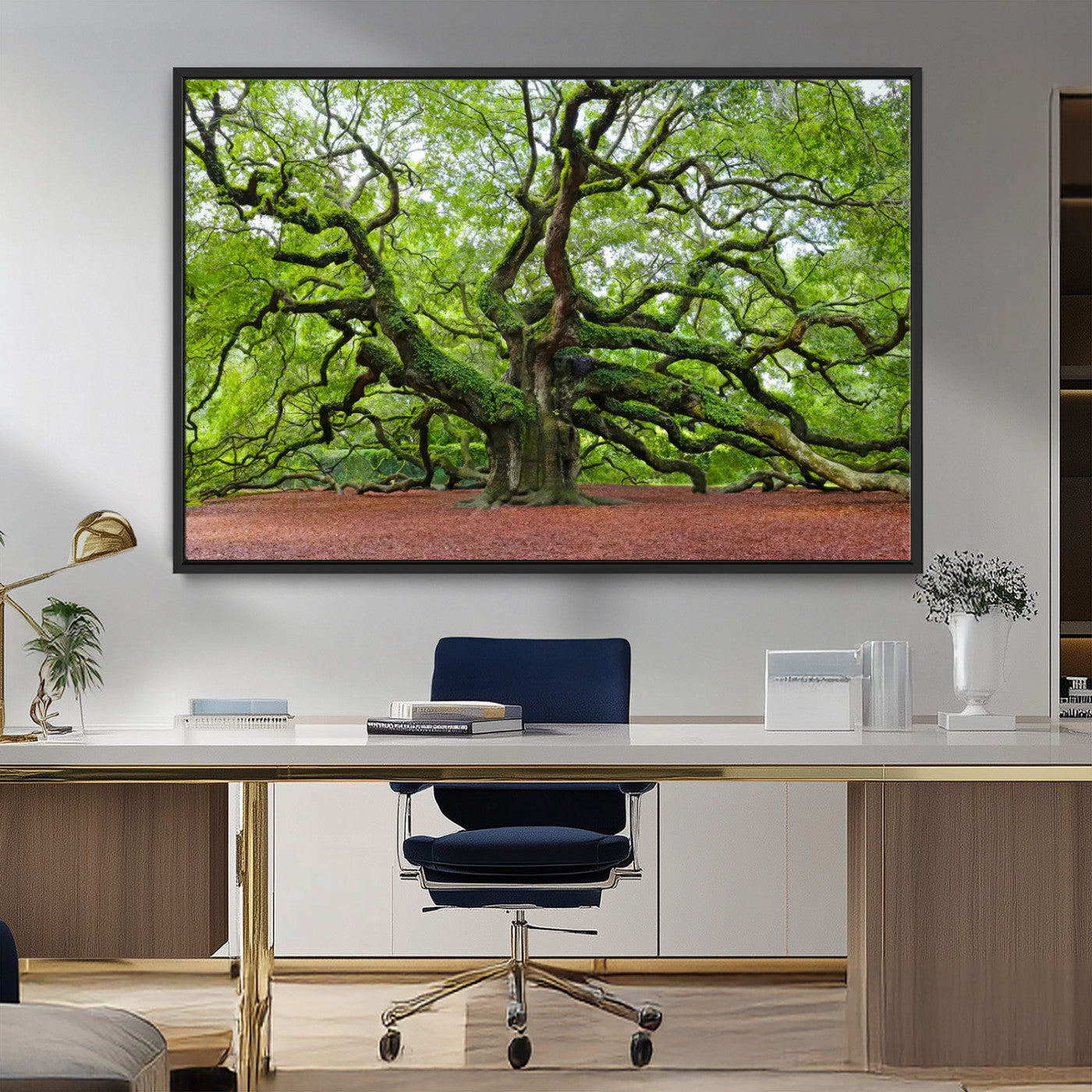 MGV-FC-36X24 - Framed Angel Oak Tree Wall Art - 3-Panel Canvas Prints, Large Green Nature Artwork, Ready to Hang