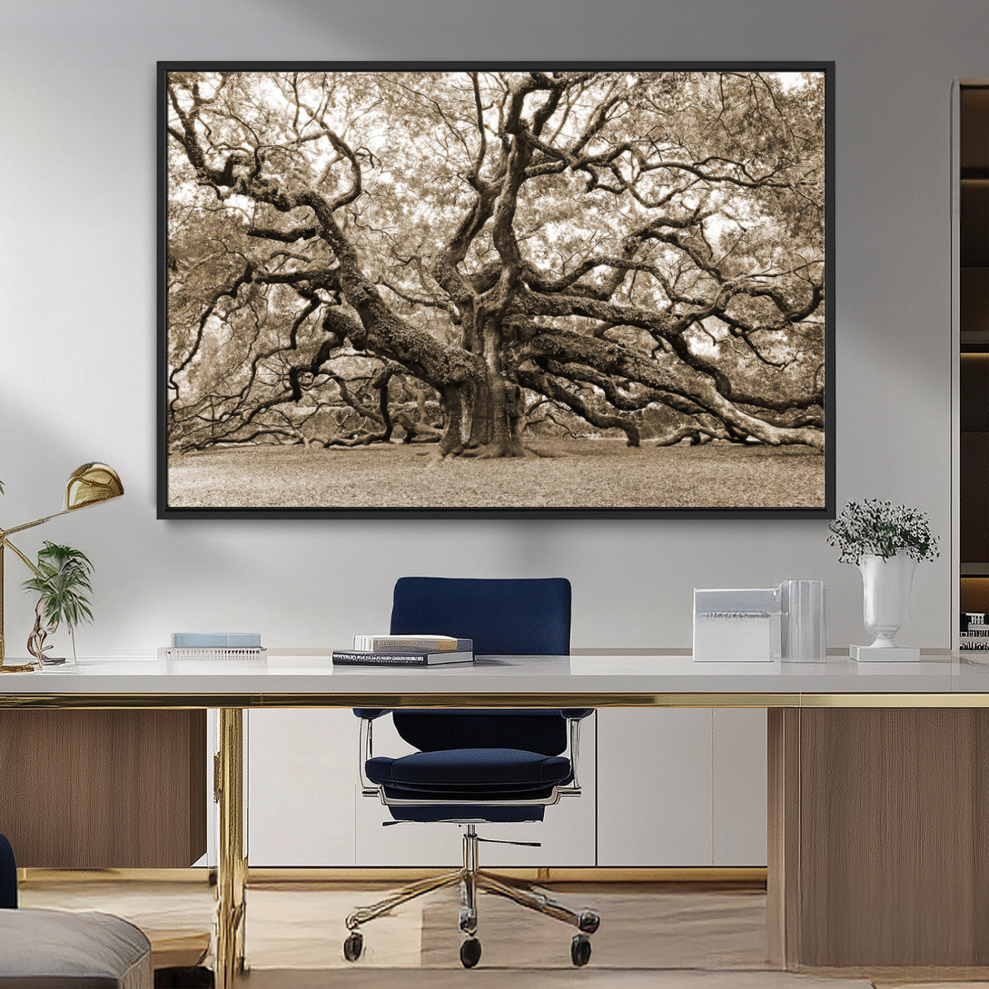 51126-MGV-FC-36X24_Black-Sepia Framed Angel Oak Tree Wall Art - 3-Panel Canvas Prints, Large Green Nature Artwork, Ready to