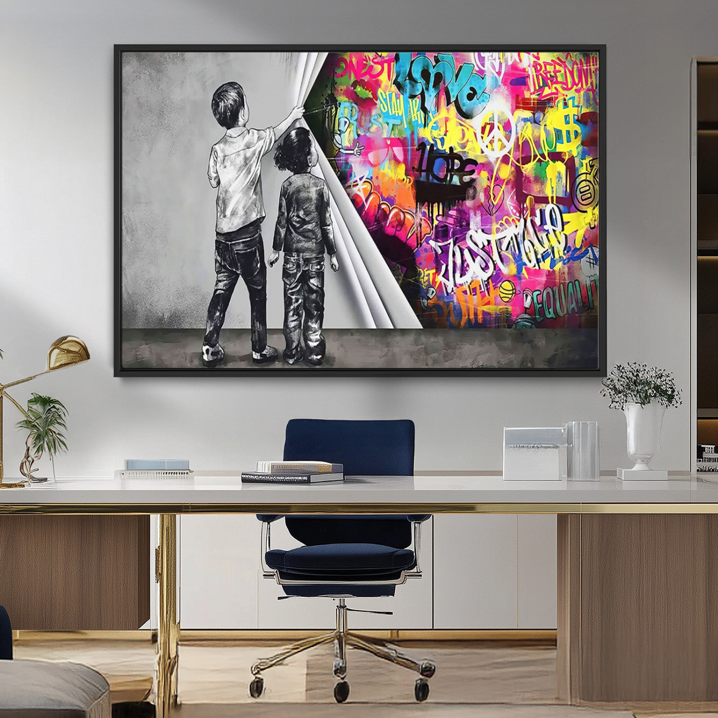 MGV-FC-36X24 - Banksy Print - Street Art Canvas Wall Art - Kids Revealing Graffiti, Urban Modern Decor for Living