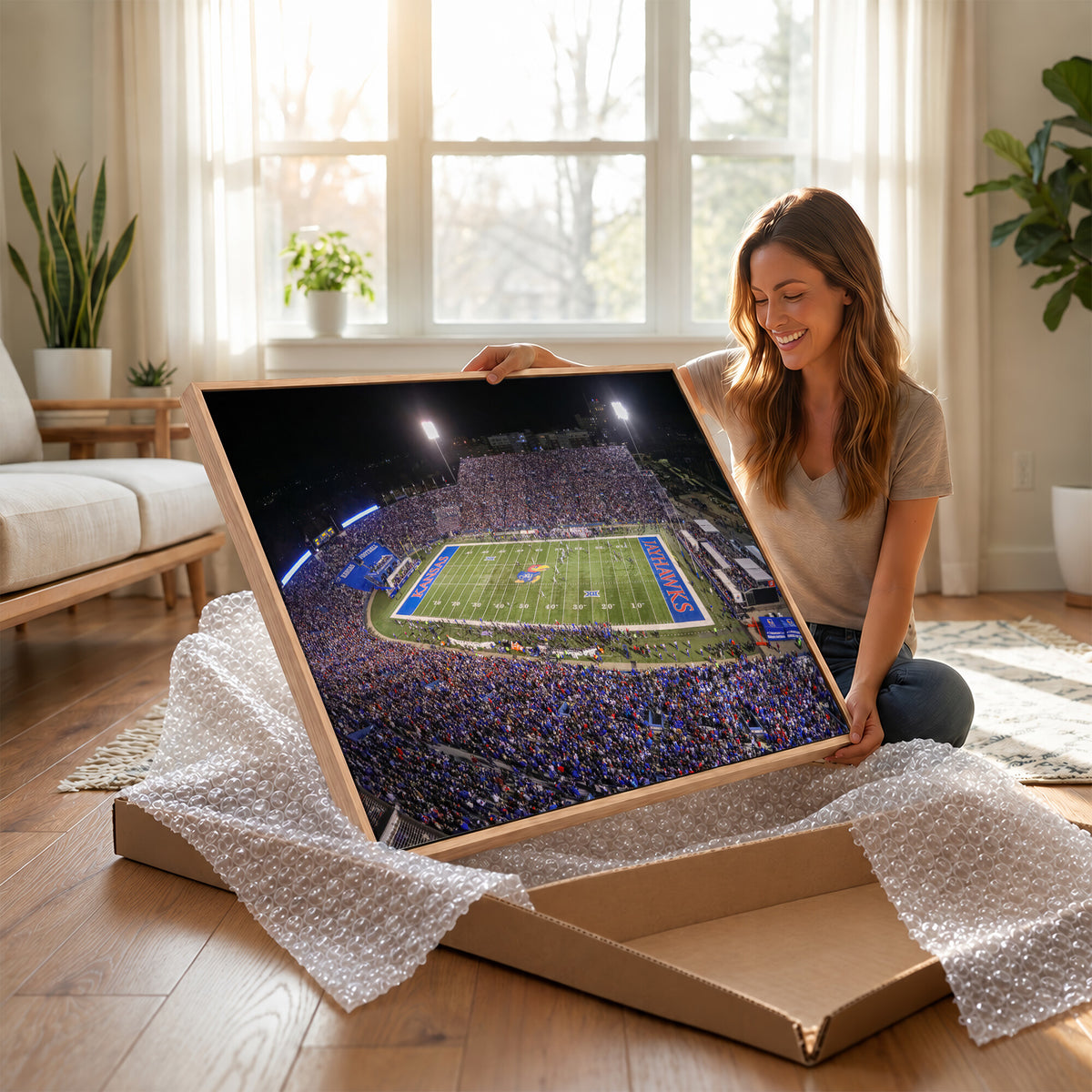 69760-MGV-CV-36X24 - University of Kansas Jayhawks Football Team Print - Lawrence Kansas Memorial Stadium Wall Art Canvas