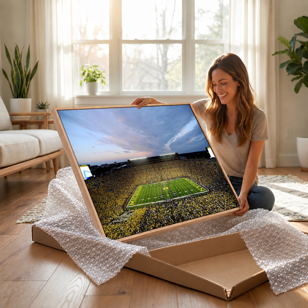 82641-MGV-CV-36X24 - Michigan Stadium Wall Art Canvas Print – Framed Football Field Scene with Marching Band Artwork for Home, Office