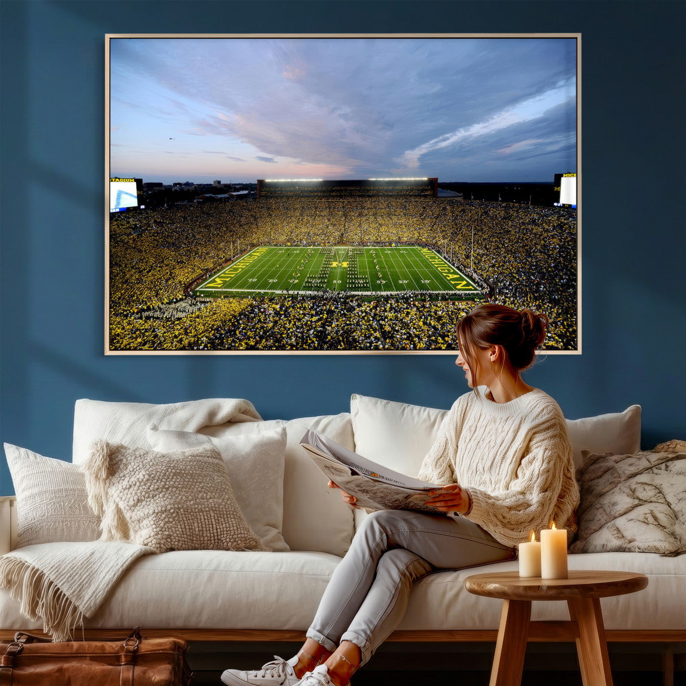 82641-MGV-CV-36X24 - Michigan Stadium Wall Art Canvas Print, Vibrant Game Day Crowd and Sunset Sky Football Field Artwork for Home, Office