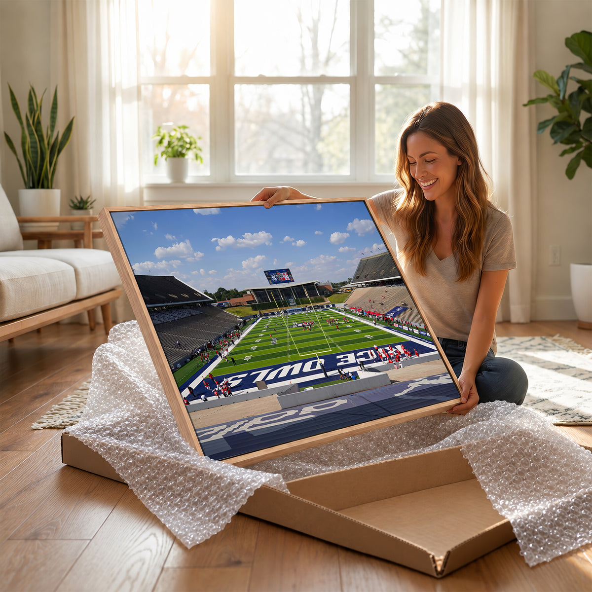 92248-MGV-CV-36X24 - Rice University Owls Football Team Print, Houston Rice Stadium